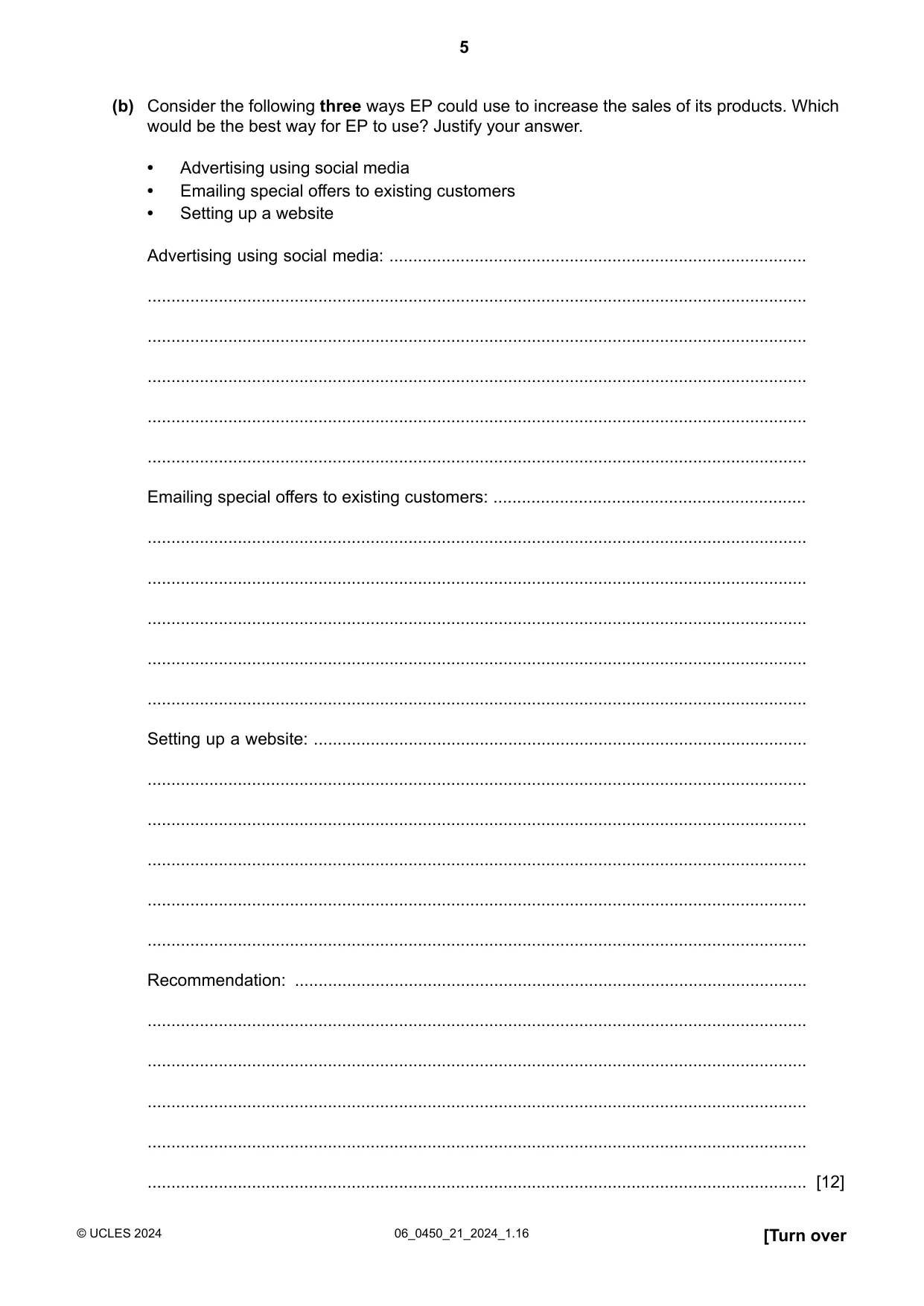 Cambridge IGCSE Business Studies 0450 2024 May/June Paper 2 · Variant 1 question paper, page 5 of 12