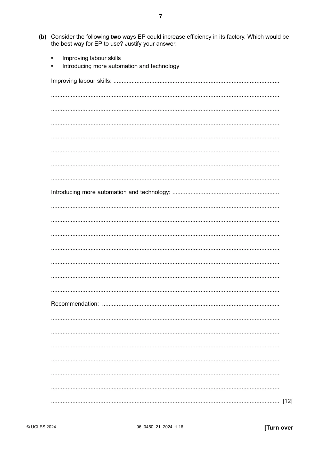 Cambridge IGCSE Business Studies 0450 2024 May/June Paper 2 · Variant 1 question paper, page 7 of 12