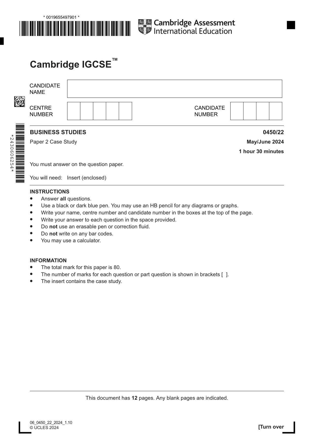 Cambridge IGCSE Business Studies 0450 2024 May/June Paper 2 · Variant 2 question paper, page 1 of 12