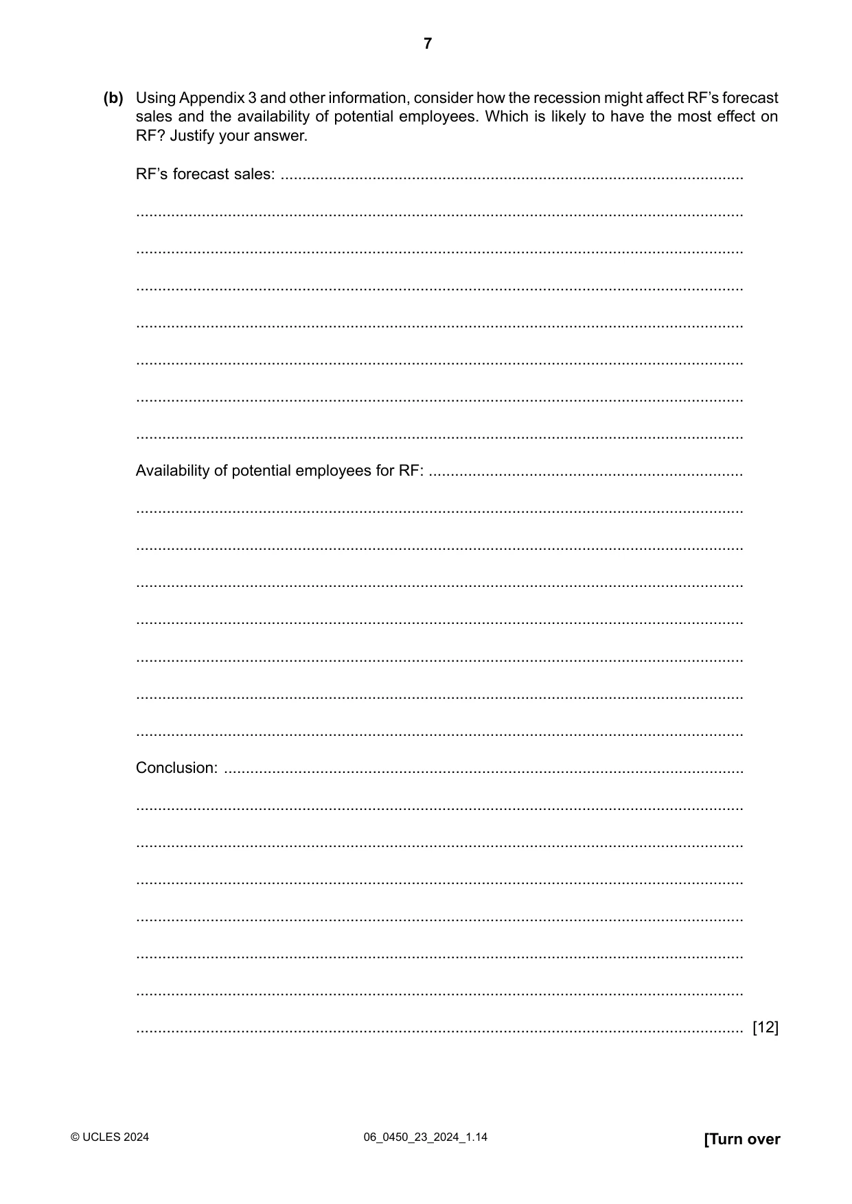 Cambridge IGCSE Business Studies 0450 2024 May/June Paper 2 · Variant 3 question paper, page 7 of 12
