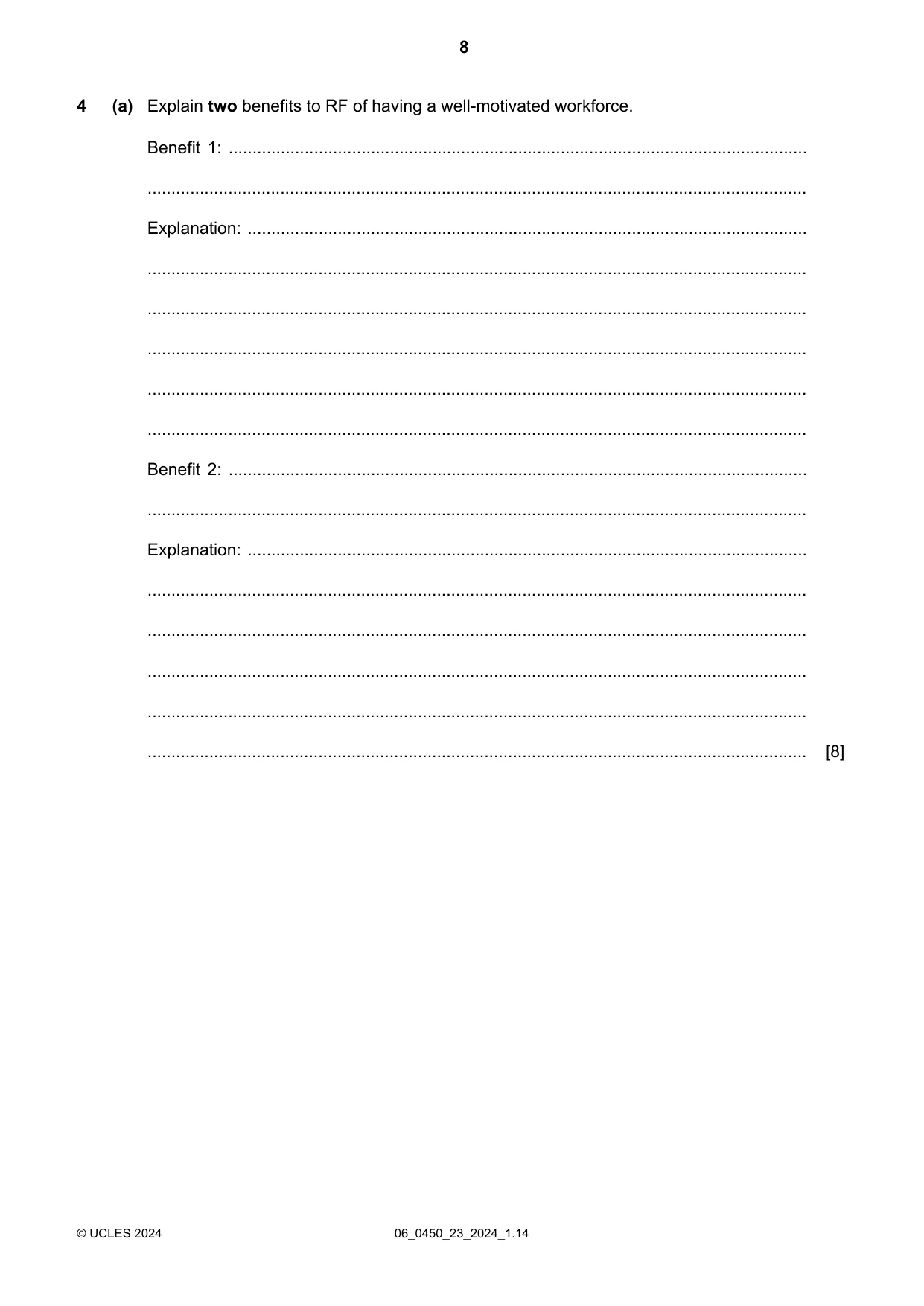 Cambridge IGCSE Business Studies 0450 2024 May/June Paper 2 · Variant 3 question paper, page 8 of 12