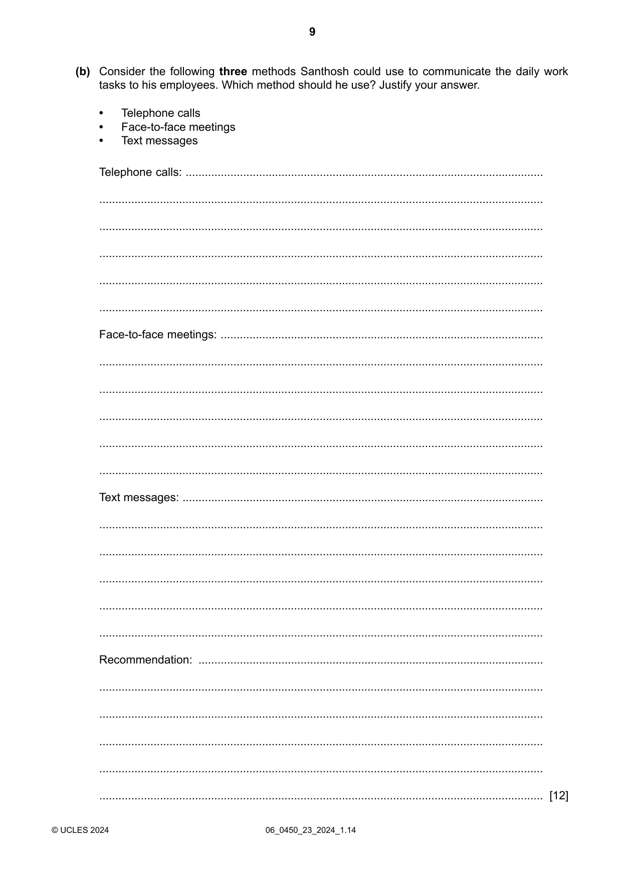 Cambridge IGCSE Business Studies 0450 2024 May/June Paper 2 · Variant 3 question paper, page 9 of 12