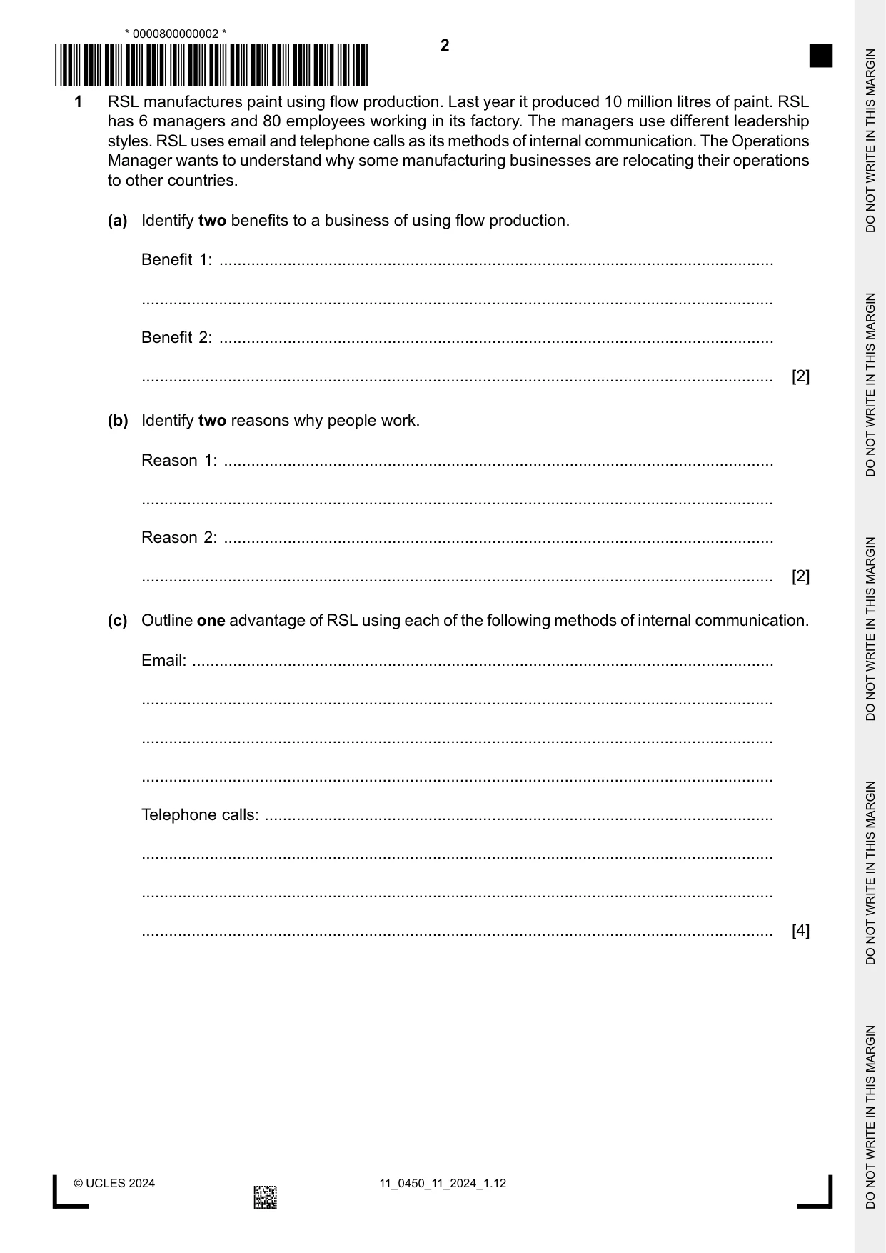 Cambridge IGCSE Business Studies 0450 2024 Oct/Nov Paper 1 · Variant 1 question paper, page 2 of 12