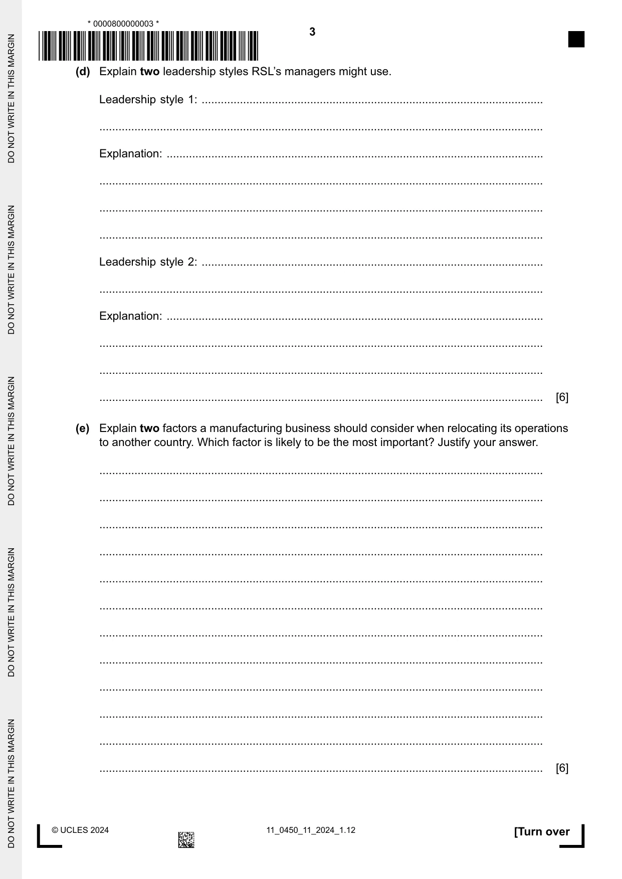 Cambridge IGCSE Business Studies 0450 2024 Oct/Nov Paper 1 · Variant 1 question paper, page 3 of 12