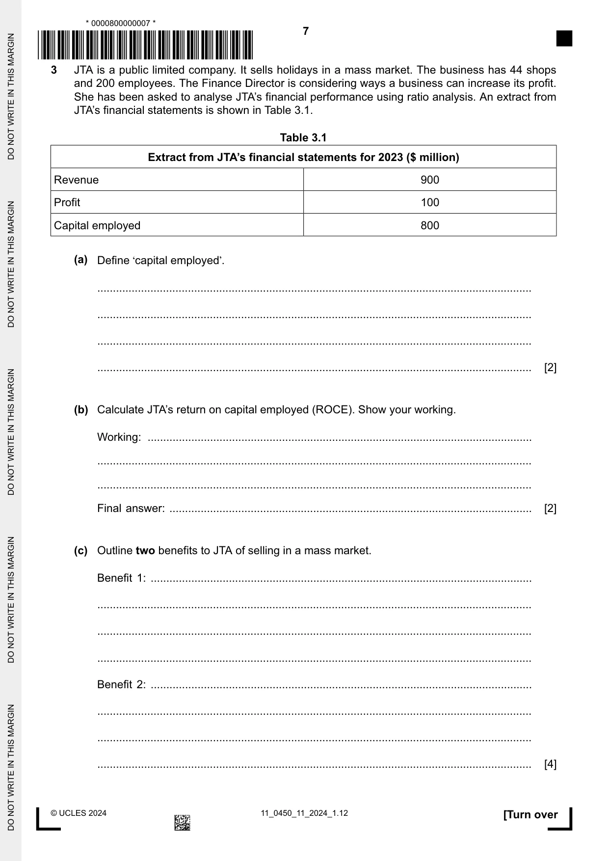 Cambridge IGCSE Business Studies 0450 2024 Oct/Nov Paper 1 · Variant 1 question paper, page 7 of 12