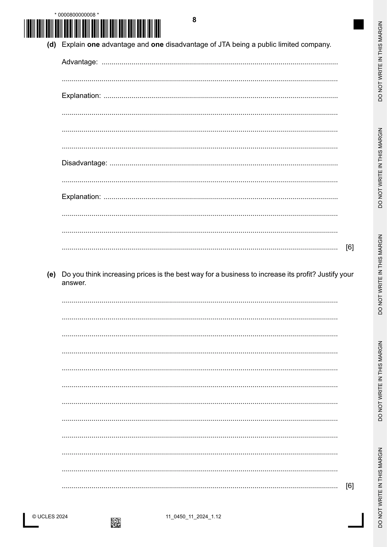 Cambridge IGCSE Business Studies 0450 2024 Oct/Nov Paper 1 · Variant 1 question paper, page 8 of 12