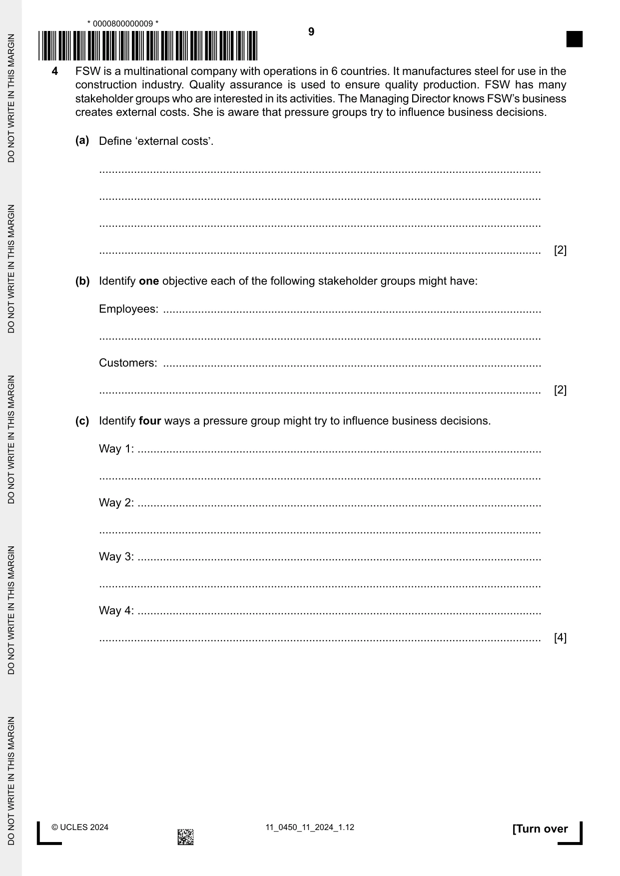 Cambridge IGCSE Business Studies 0450 2024 Oct/Nov Paper 1 · Variant 1 question paper, page 9 of 12
