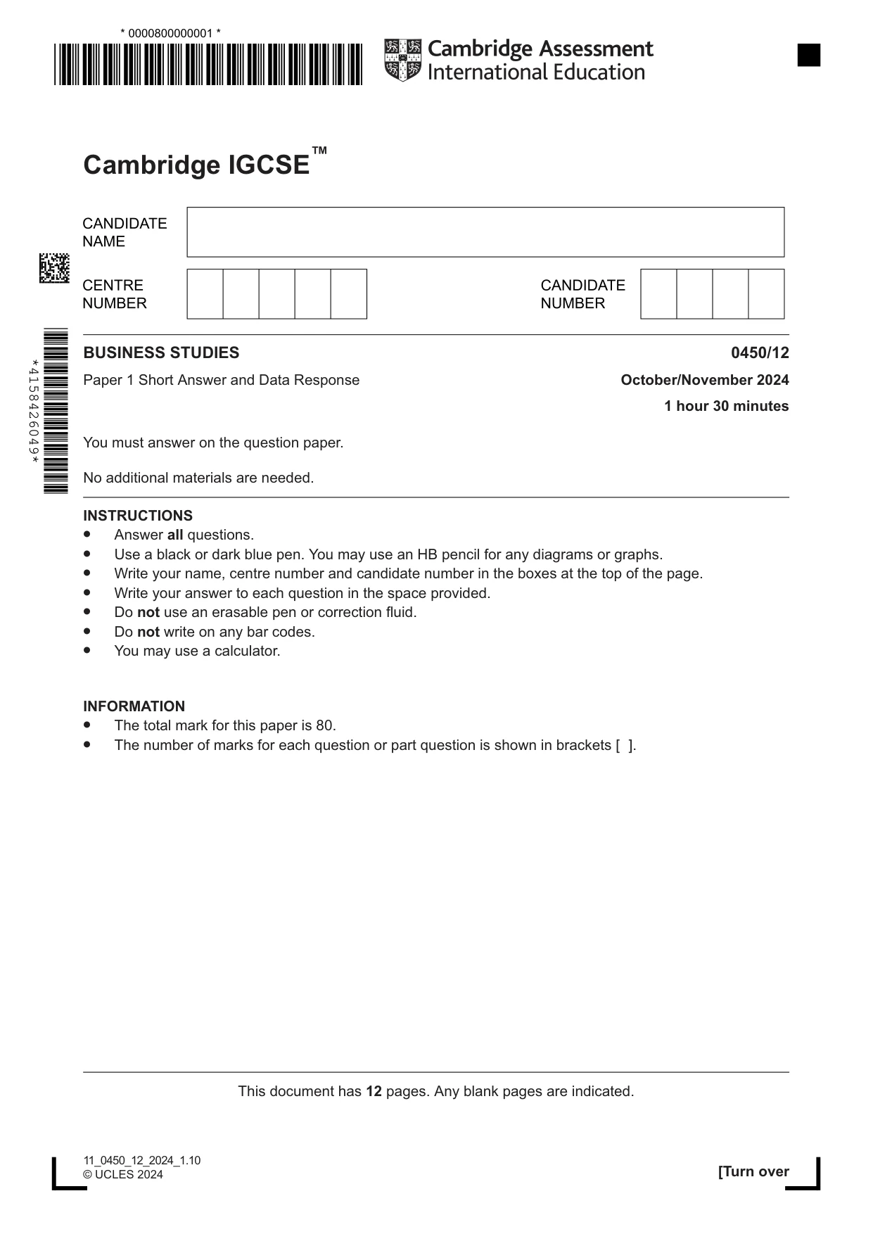 Cambridge IGCSE Business Studies 0450 2024 Oct/Nov Paper 1 · Variant 2 question paper, page 1 of 12