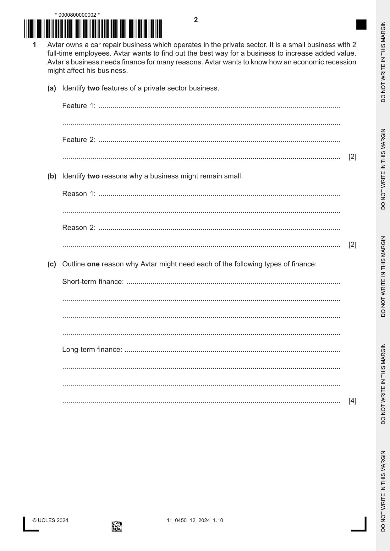 Cambridge IGCSE Business Studies 0450 2024 Oct/Nov Paper 1 · Variant 2 question paper, page 2 of 12