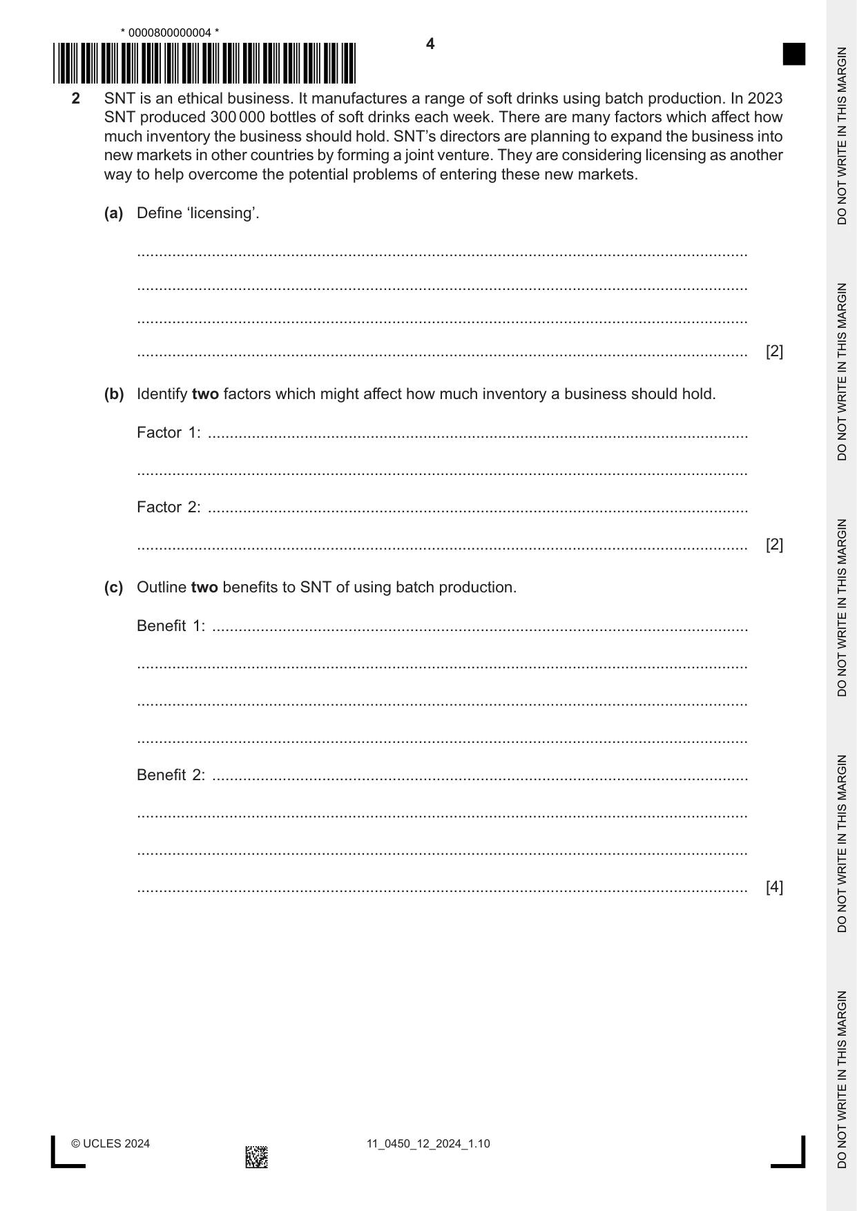 Cambridge IGCSE Business Studies 0450 2024 Oct/Nov Paper 1 · Variant 2 question paper, page 4 of 12