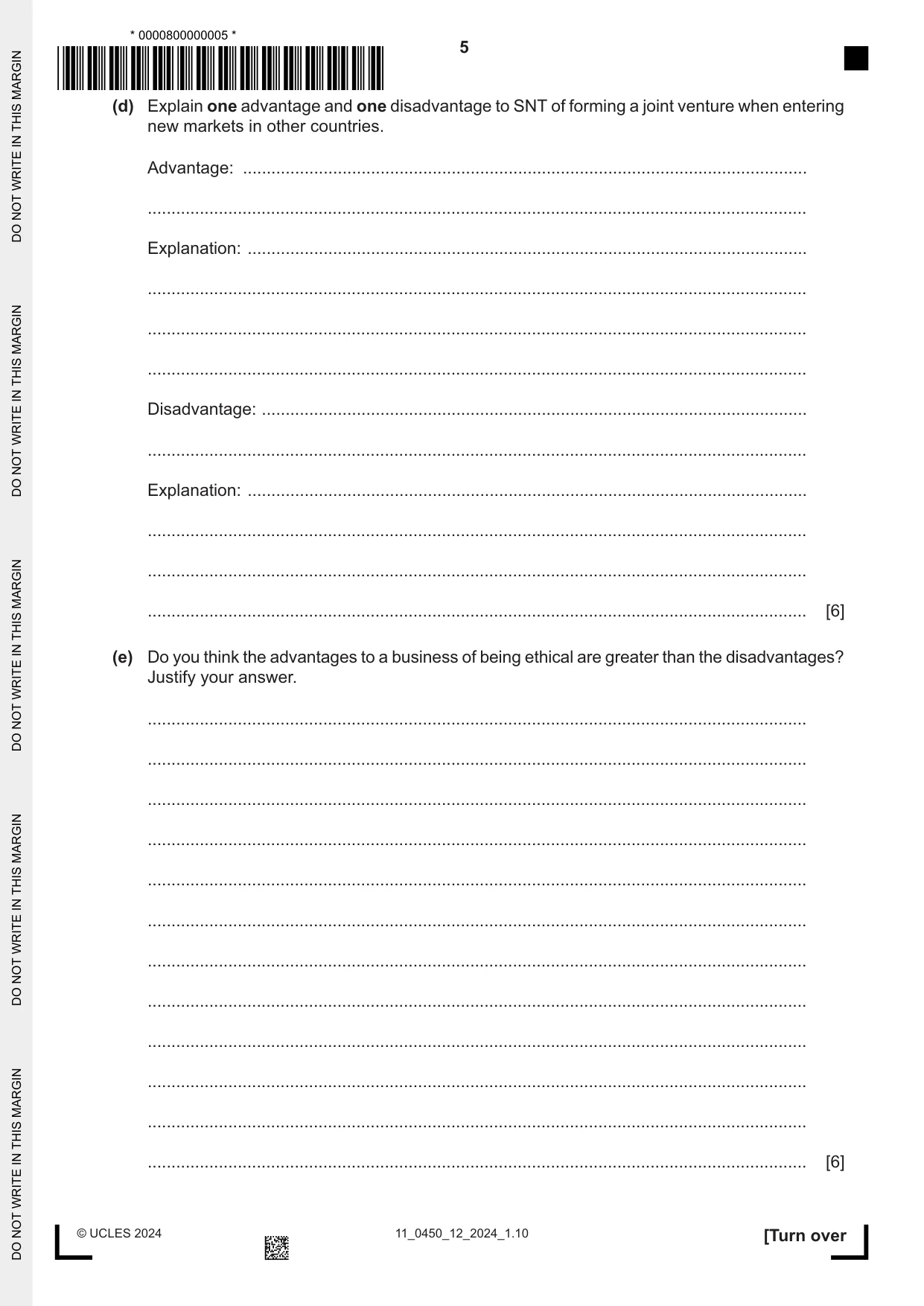 Cambridge IGCSE Business Studies 0450 2024 Oct/Nov Paper 1 · Variant 2 question paper, page 5 of 12