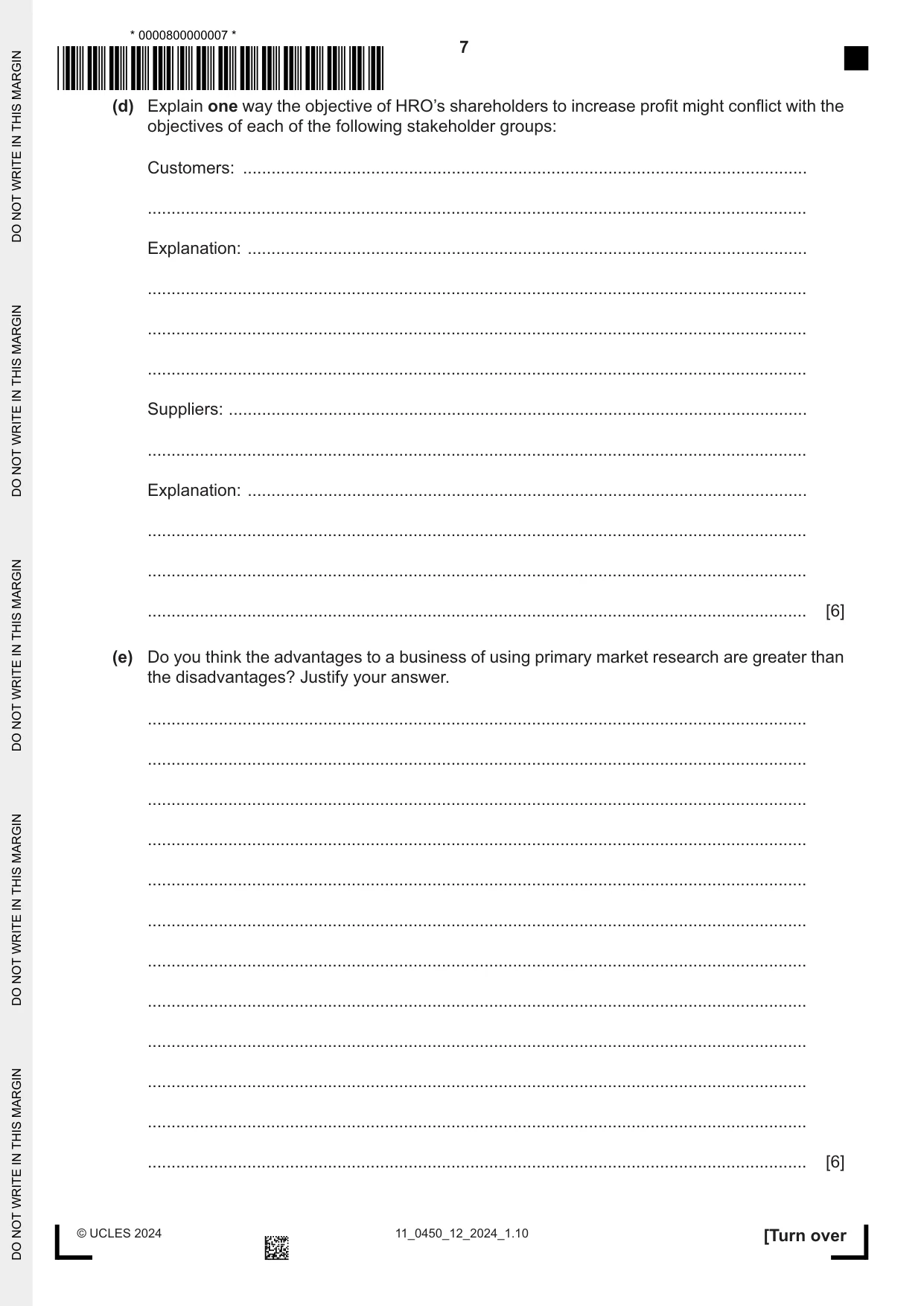 Cambridge IGCSE Business Studies 0450 2024 Oct/Nov Paper 1 · Variant 2 question paper, page 7 of 12