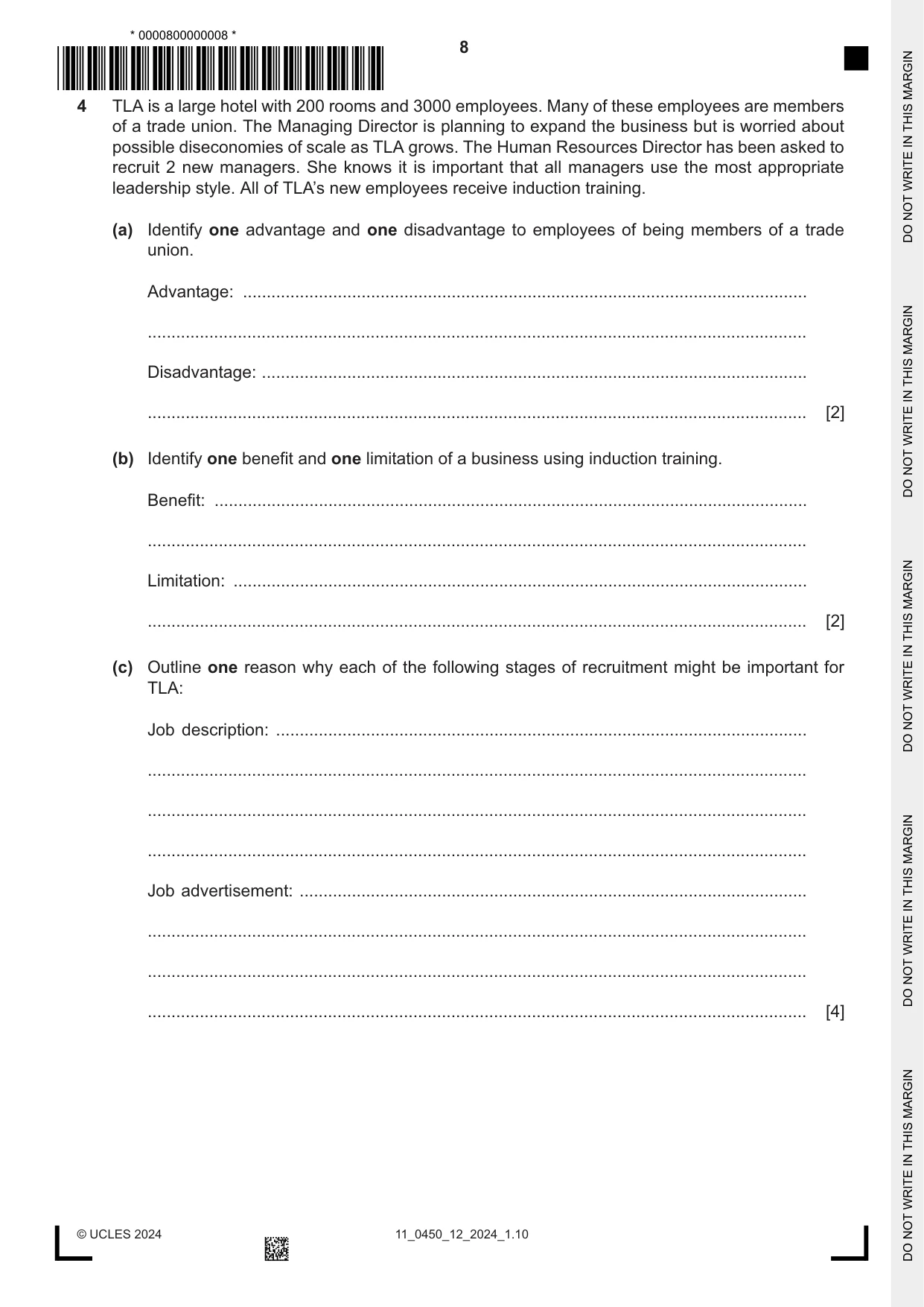 Cambridge IGCSE Business Studies 0450 2024 Oct/Nov Paper 1 · Variant 2 question paper, page 8 of 12