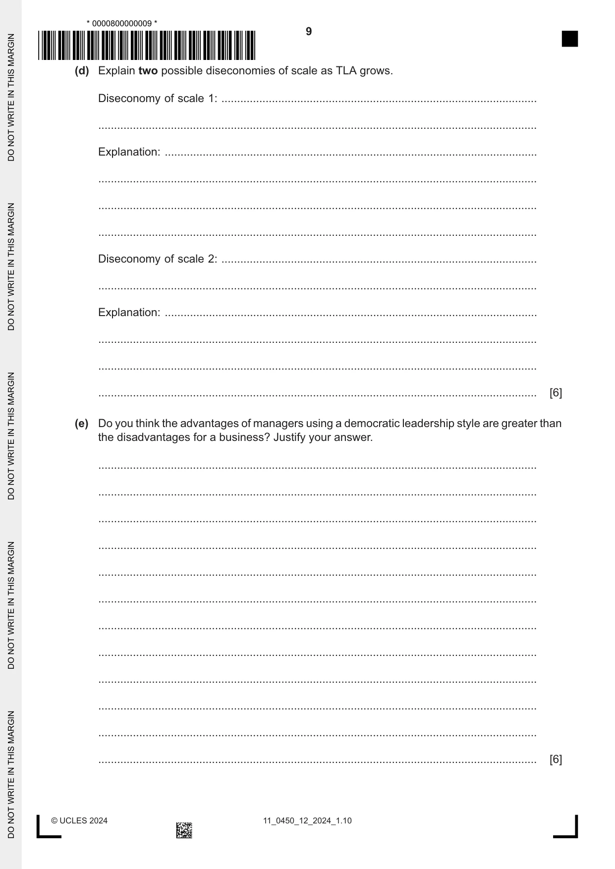 Cambridge IGCSE Business Studies 0450 2024 Oct/Nov Paper 1 · Variant 2 question paper, page 9 of 12