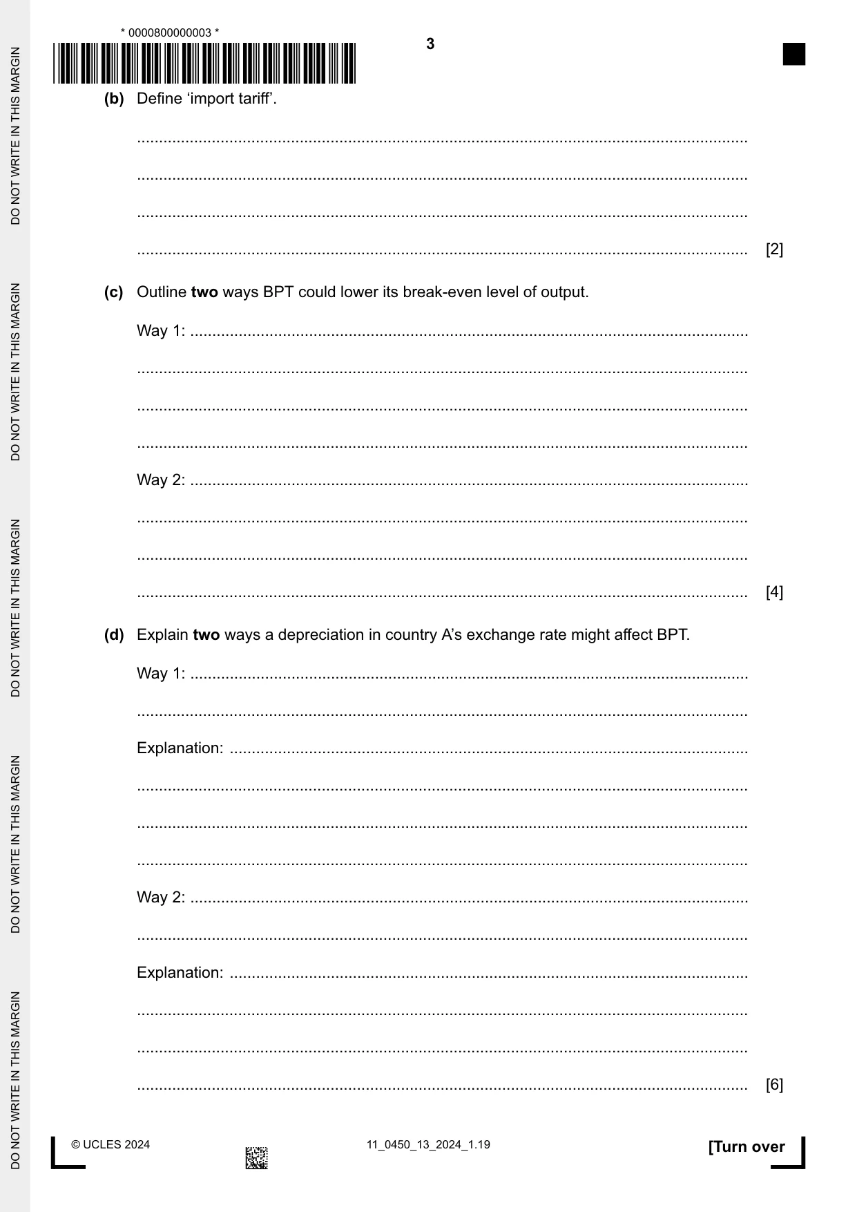 Cambridge IGCSE Business Studies 0450 2024 Oct/Nov Paper 1 · Variant 3 question paper, page 3 of 12