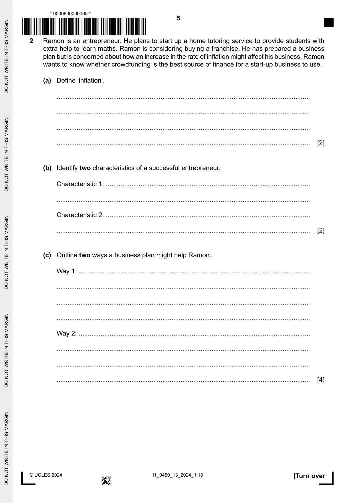 Cambridge IGCSE Business Studies 0450 2024 Oct/Nov Paper 1 · Variant 3 question paper, page 5 of 12