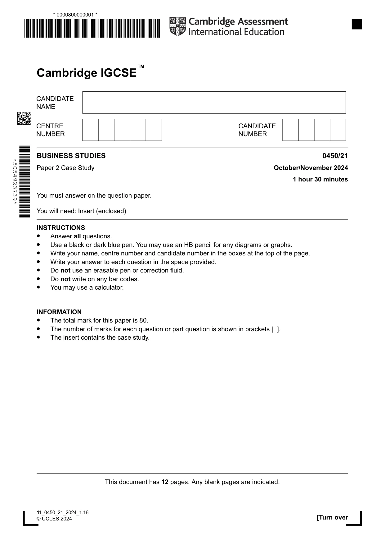Cambridge IGCSE Business Studies 0450 2024 Oct/Nov Paper 2 · Variant 1 question paper, page 1 of 12