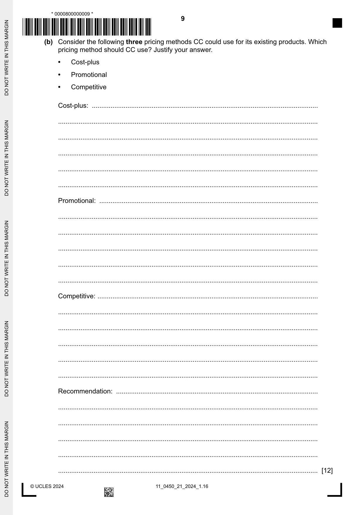 Cambridge IGCSE Business Studies 0450 2024 Oct/Nov Paper 2 · Variant 1 question paper, page 9 of 12