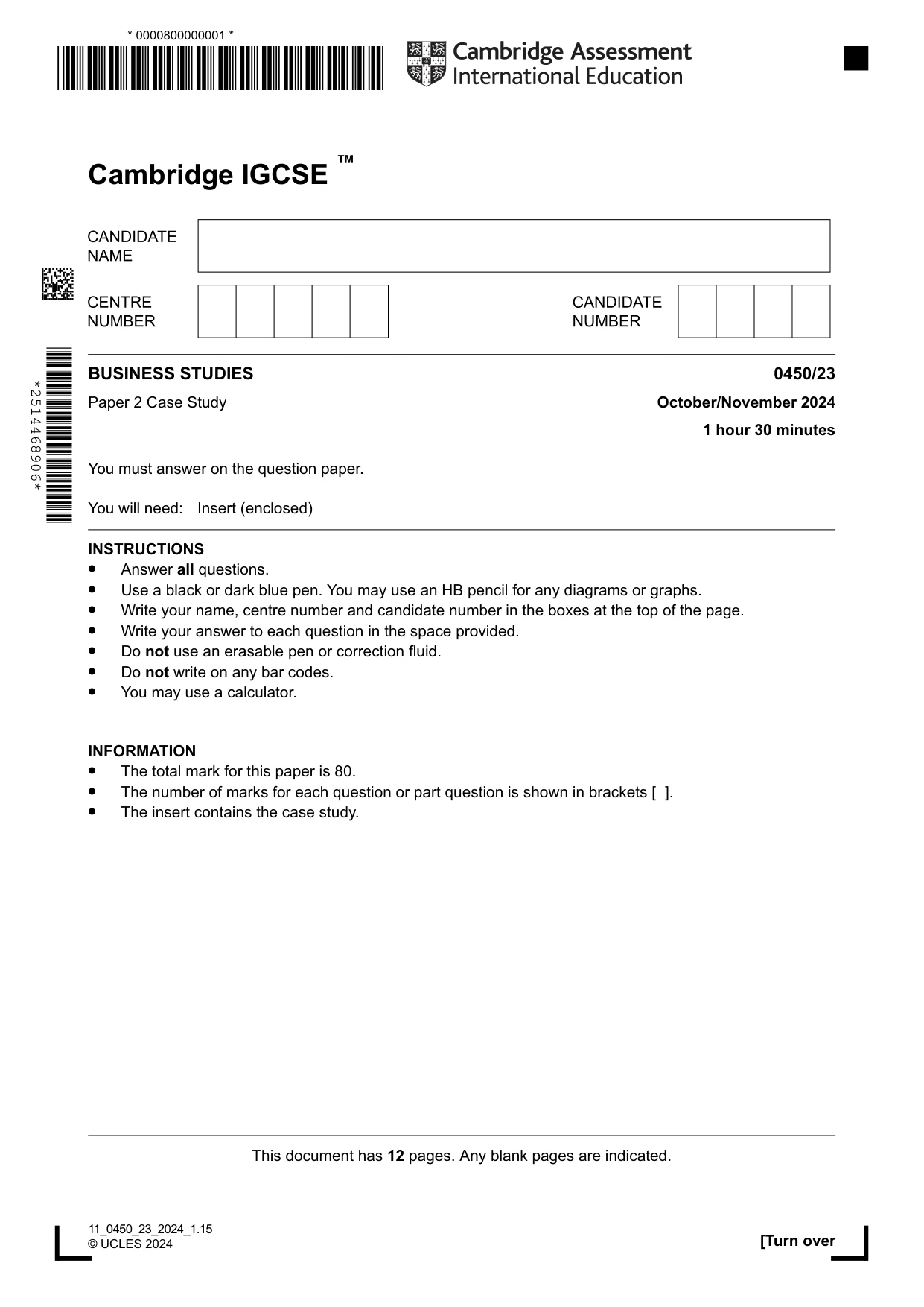 Cambridge IGCSE Business Studies 0450 2024 Oct/Nov Paper 2 · Variant 3 question paper, page 1 of 12