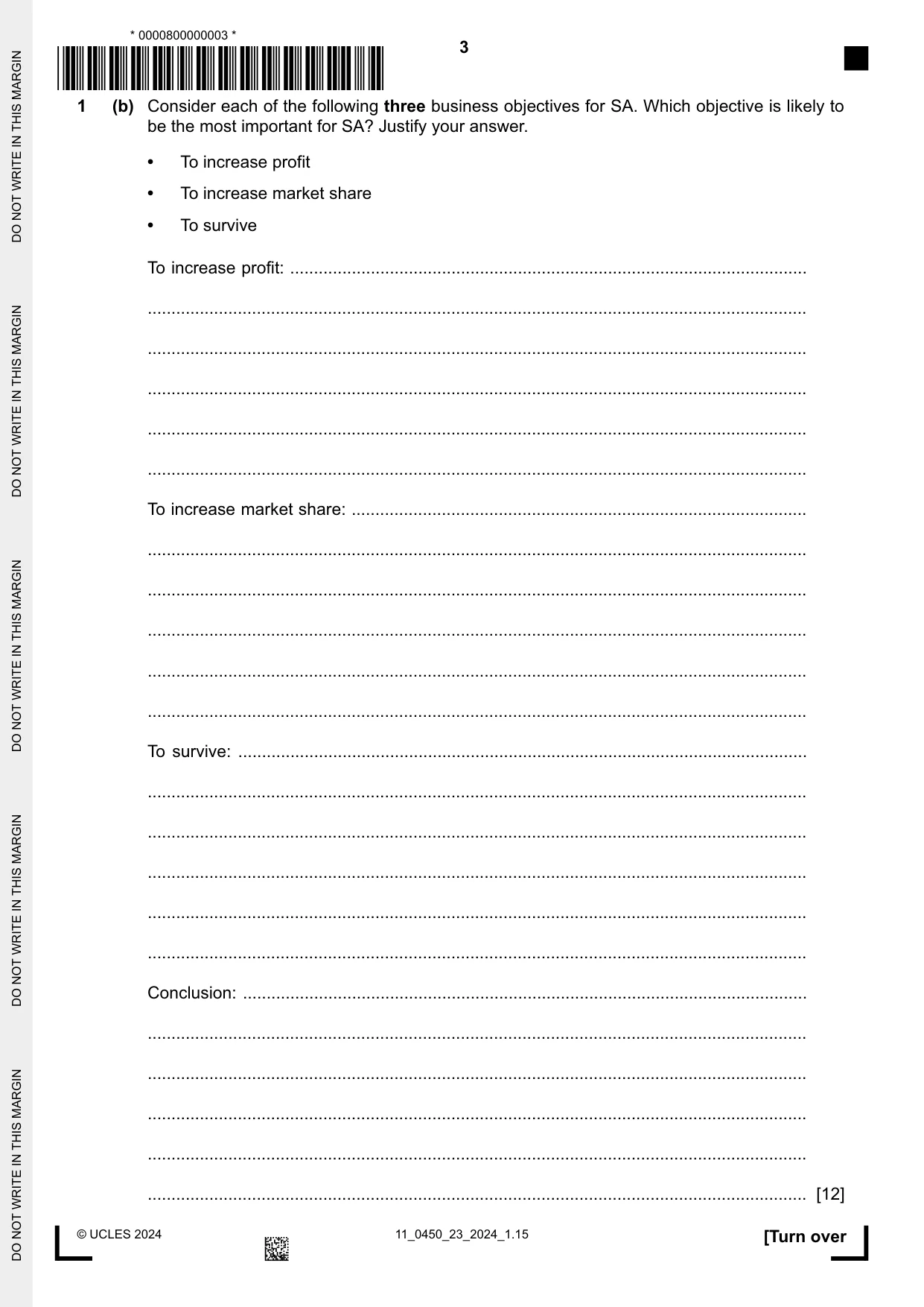 Cambridge IGCSE Business Studies 0450 2024 Oct/Nov Paper 2 · Variant 3 question paper, page 3 of 12