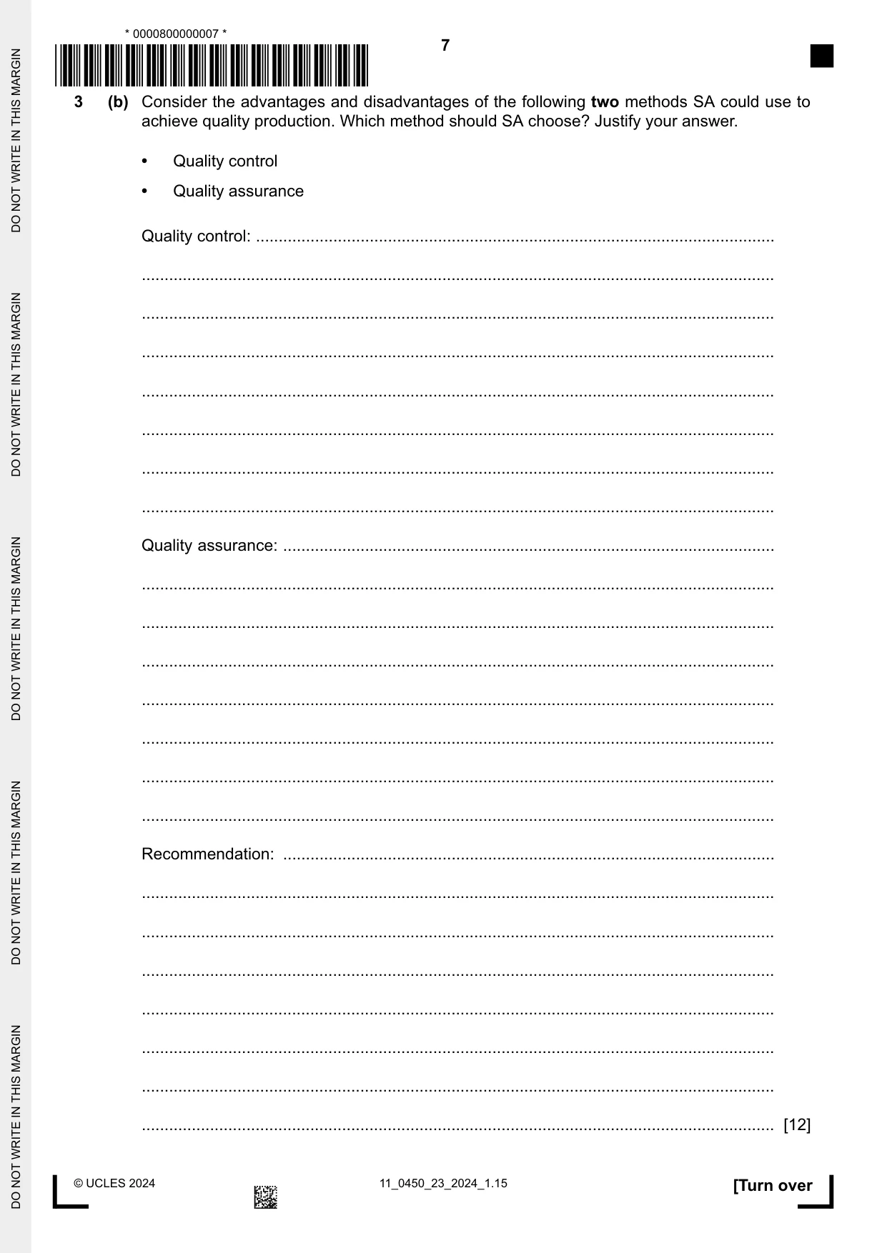 Cambridge IGCSE Business Studies 0450 2024 Oct/Nov Paper 2 · Variant 3 question paper, page 7 of 12