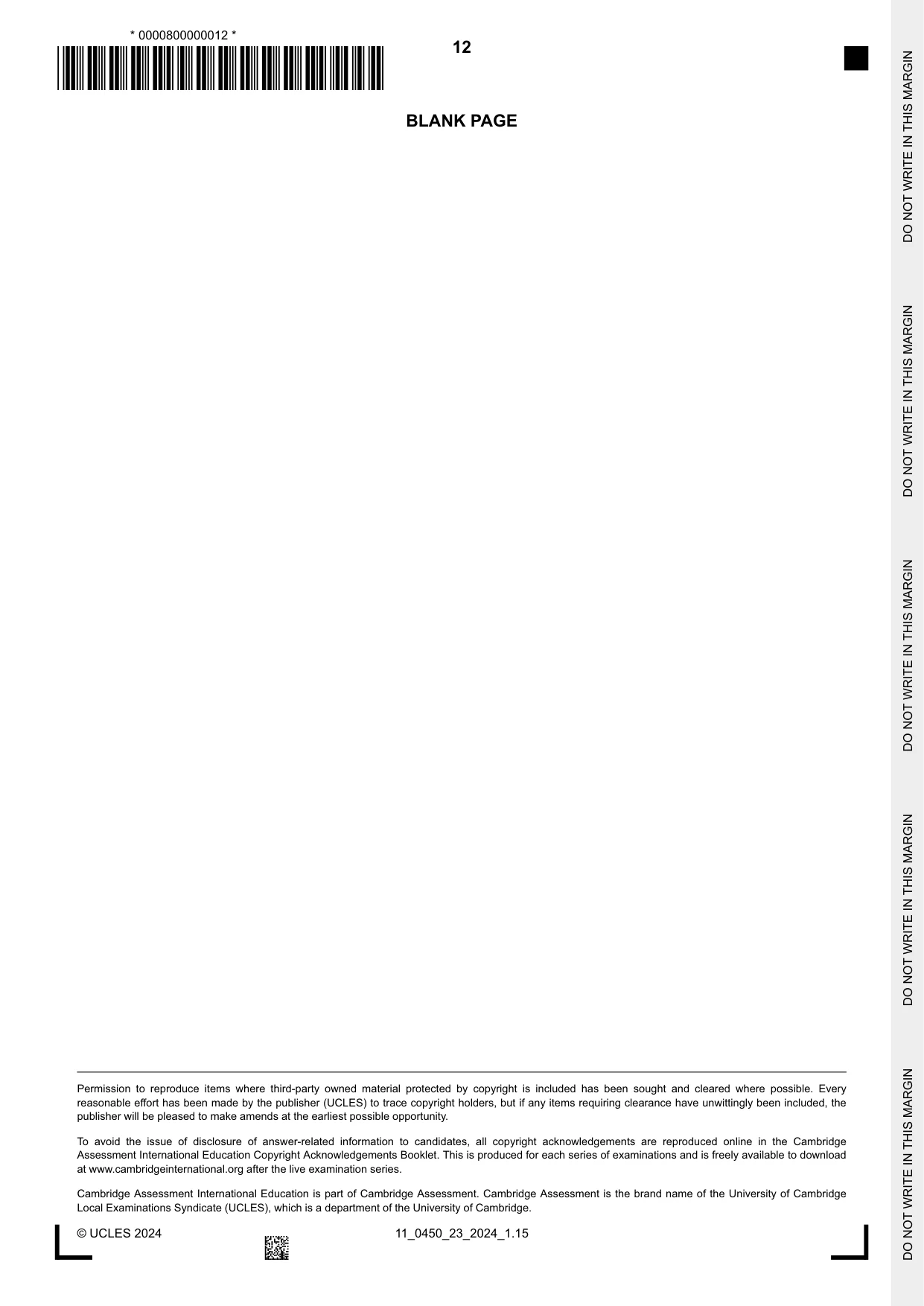 Cambridge IGCSE Business Studies 0450 2024 Oct/Nov Paper 2 · Variant 3 question paper, page 12 of 12
