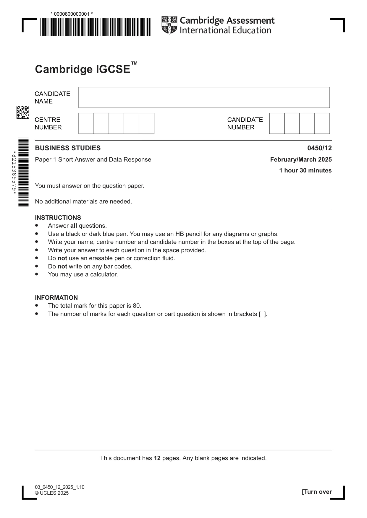 Cambridge IGCSE Business Studies 0450 2025 Feb/March Paper 1 · Variant 2 question paper, page 1 of 12