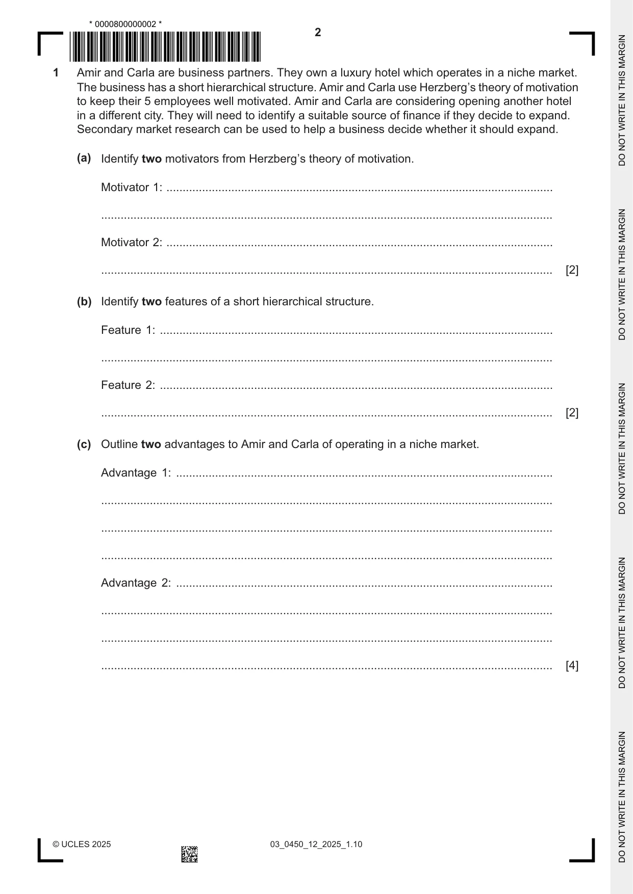 Cambridge IGCSE Business Studies 0450 2025 Feb/March Paper 1 · Variant 2 question paper, page 2 of 12