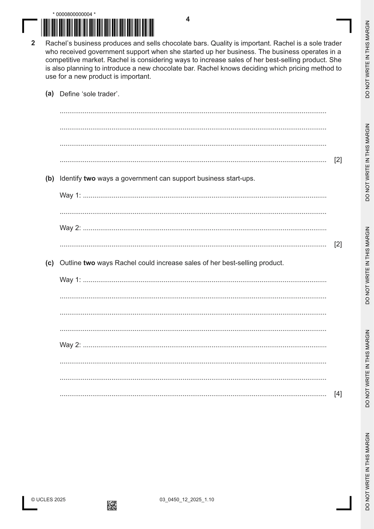 Cambridge IGCSE Business Studies 0450 2025 Feb/March Paper 1 · Variant 2 question paper, page 4 of 12