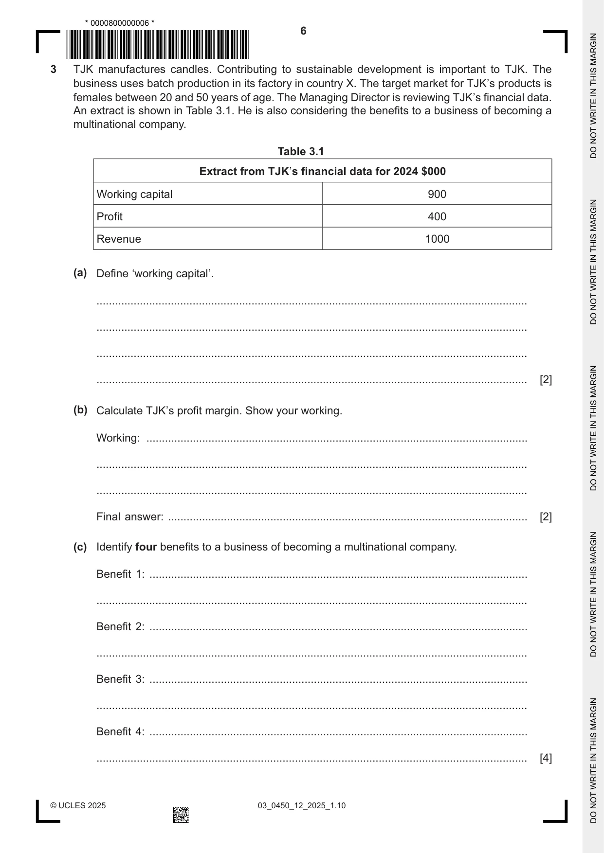 Cambridge IGCSE Business Studies 0450 2025 Feb/March Paper 1 · Variant 2 question paper, page 6 of 12