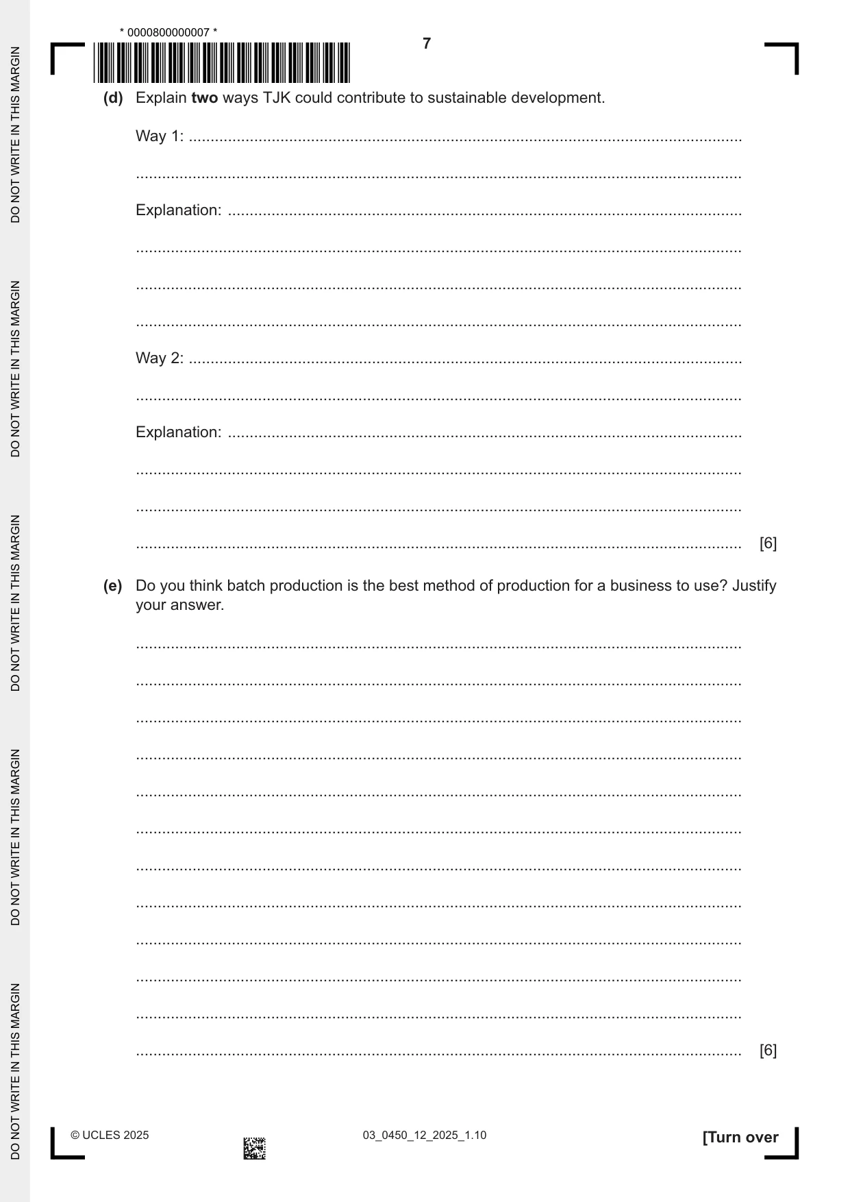 Cambridge IGCSE Business Studies 0450 2025 Feb/March Paper 1 · Variant 2 question paper, page 7 of 12