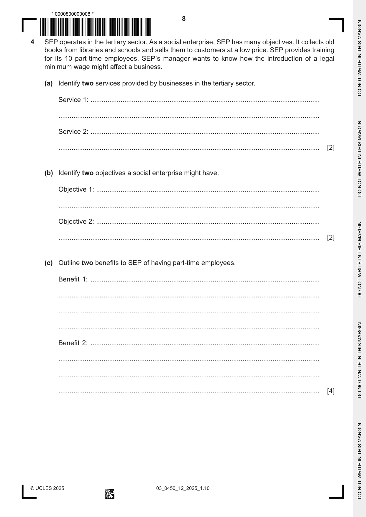 Cambridge IGCSE Business Studies 0450 2025 Feb/March Paper 1 · Variant 2 question paper, page 8 of 12