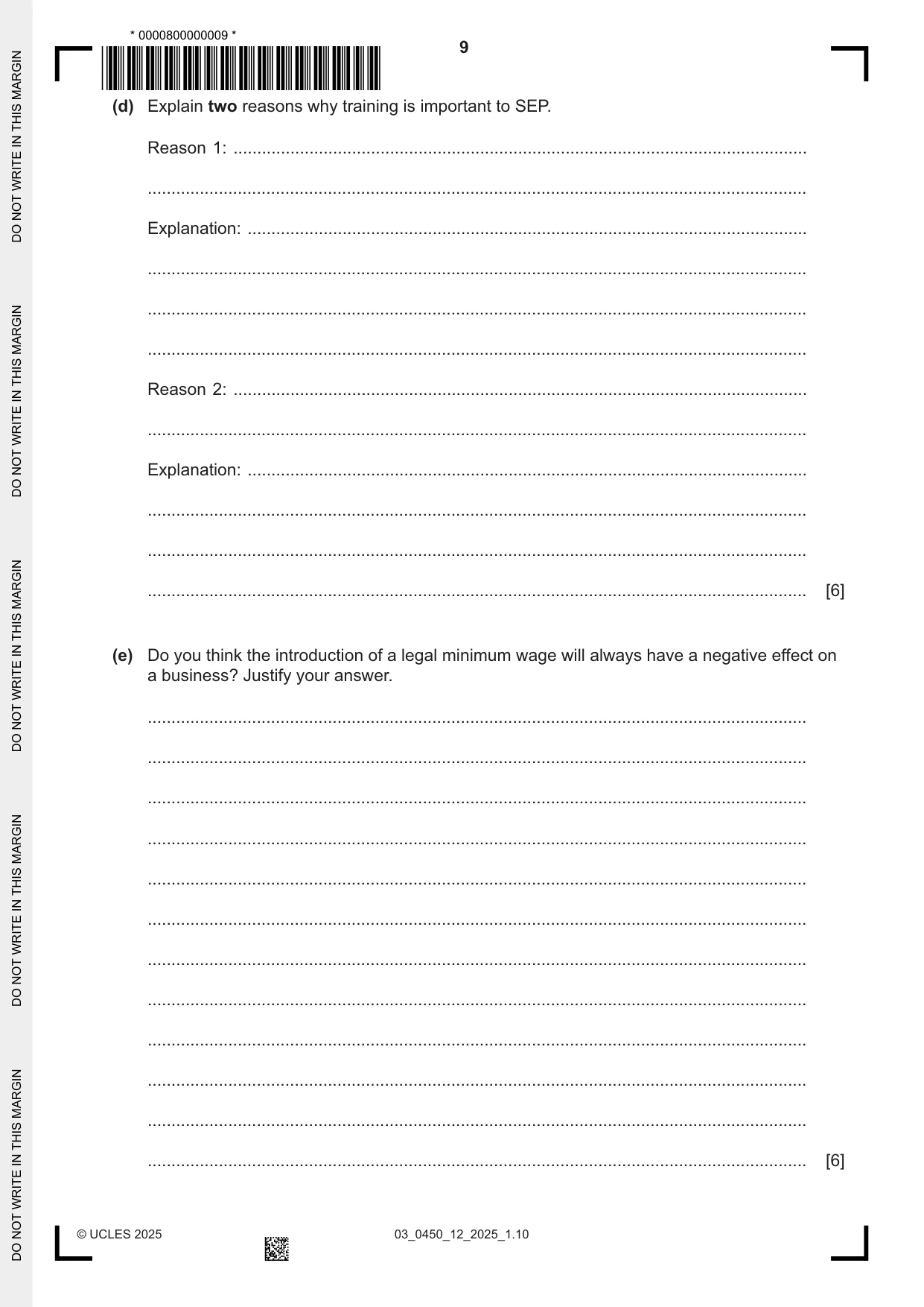 Cambridge IGCSE Business Studies 0450 2025 Feb/March Paper 1 · Variant 2 question paper, page 9 of 12