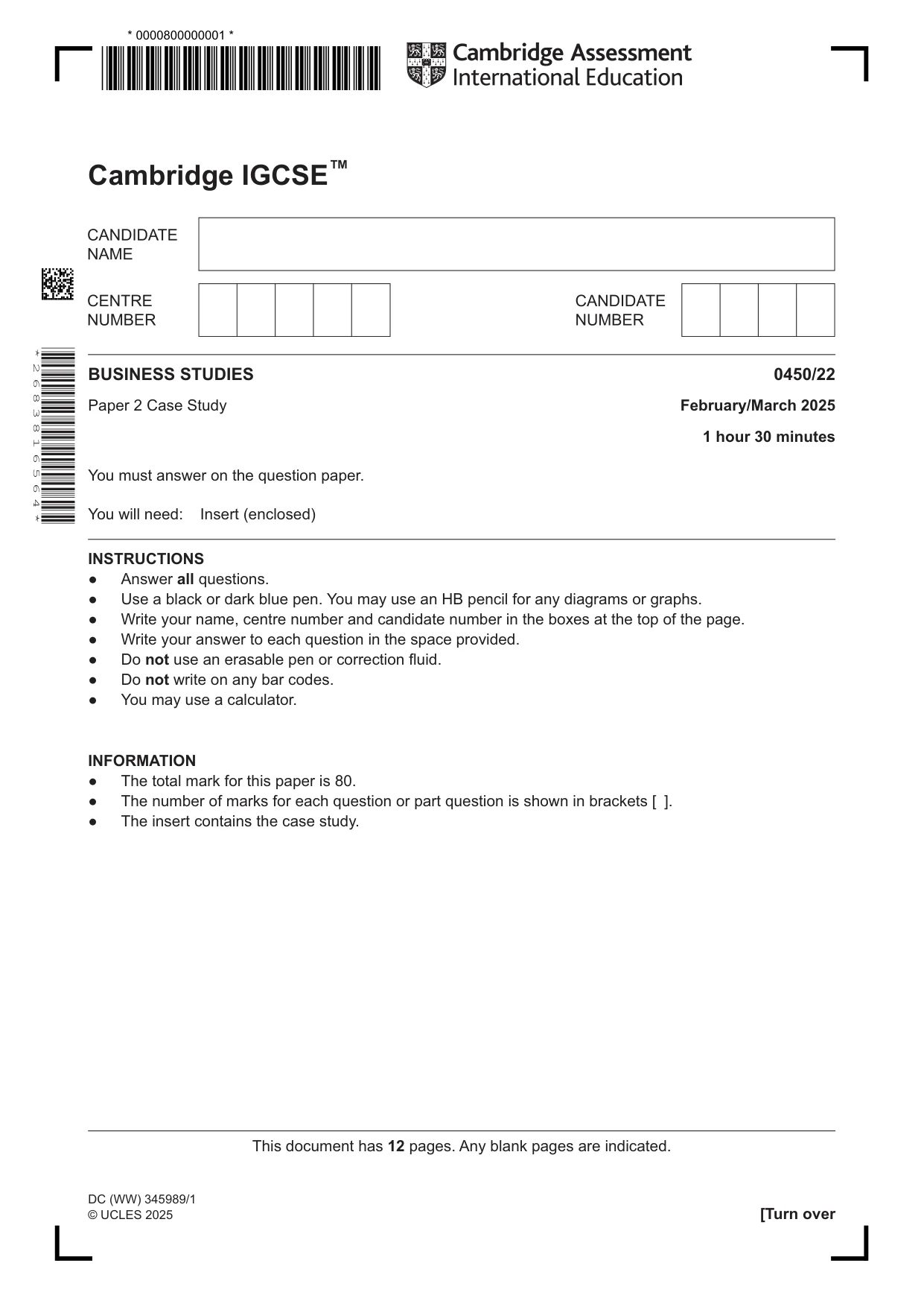 Cambridge IGCSE Business Studies 0450 2025 Feb/March Paper 2 · Variant 2 question paper, page 1 of 12