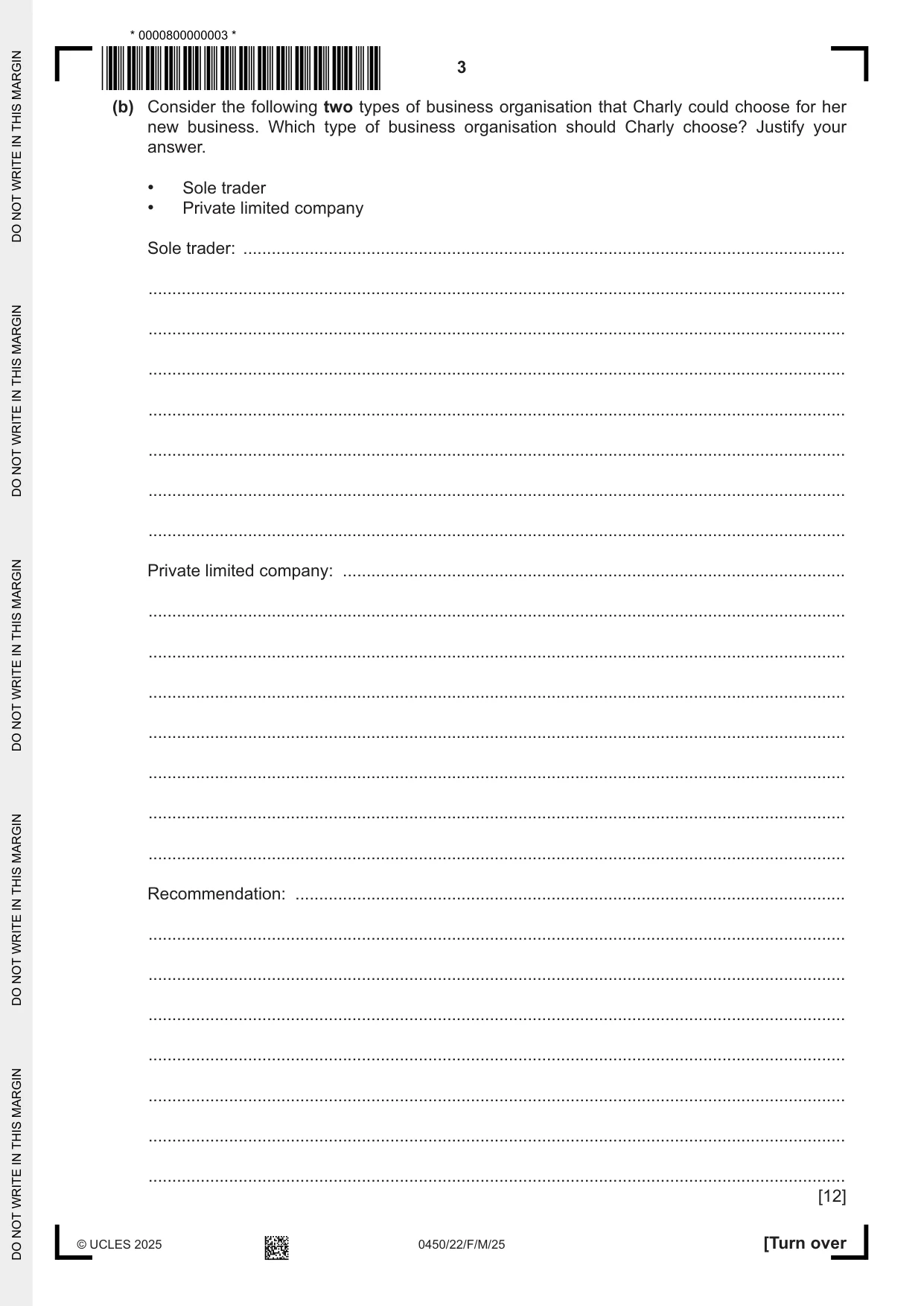 Cambridge IGCSE Business Studies 0450 2025 Feb/March Paper 2 · Variant 2 question paper, page 3 of 12