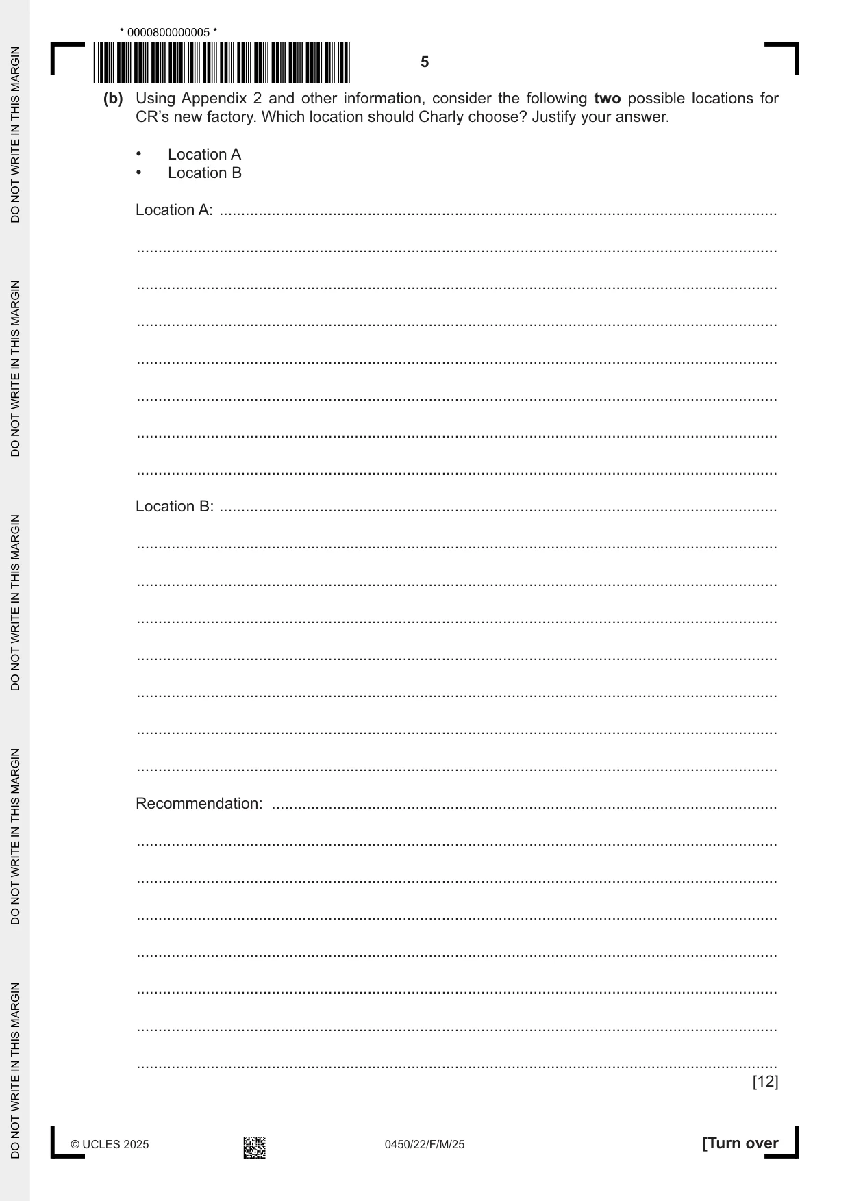 Cambridge IGCSE Business Studies 0450 2025 Feb/March Paper 2 · Variant 2 question paper, page 5 of 12
