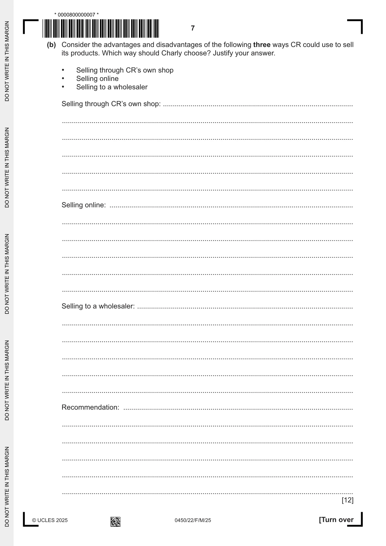 Cambridge IGCSE Business Studies 0450 2025 Feb/March Paper 2 · Variant 2 question paper, page 7 of 12
