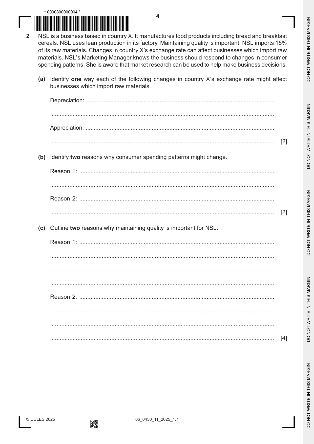 Cambridge IGCSE Business Studies 0450 2025 May/June Paper 1 · Variant 1 question paper, page 4 of 12