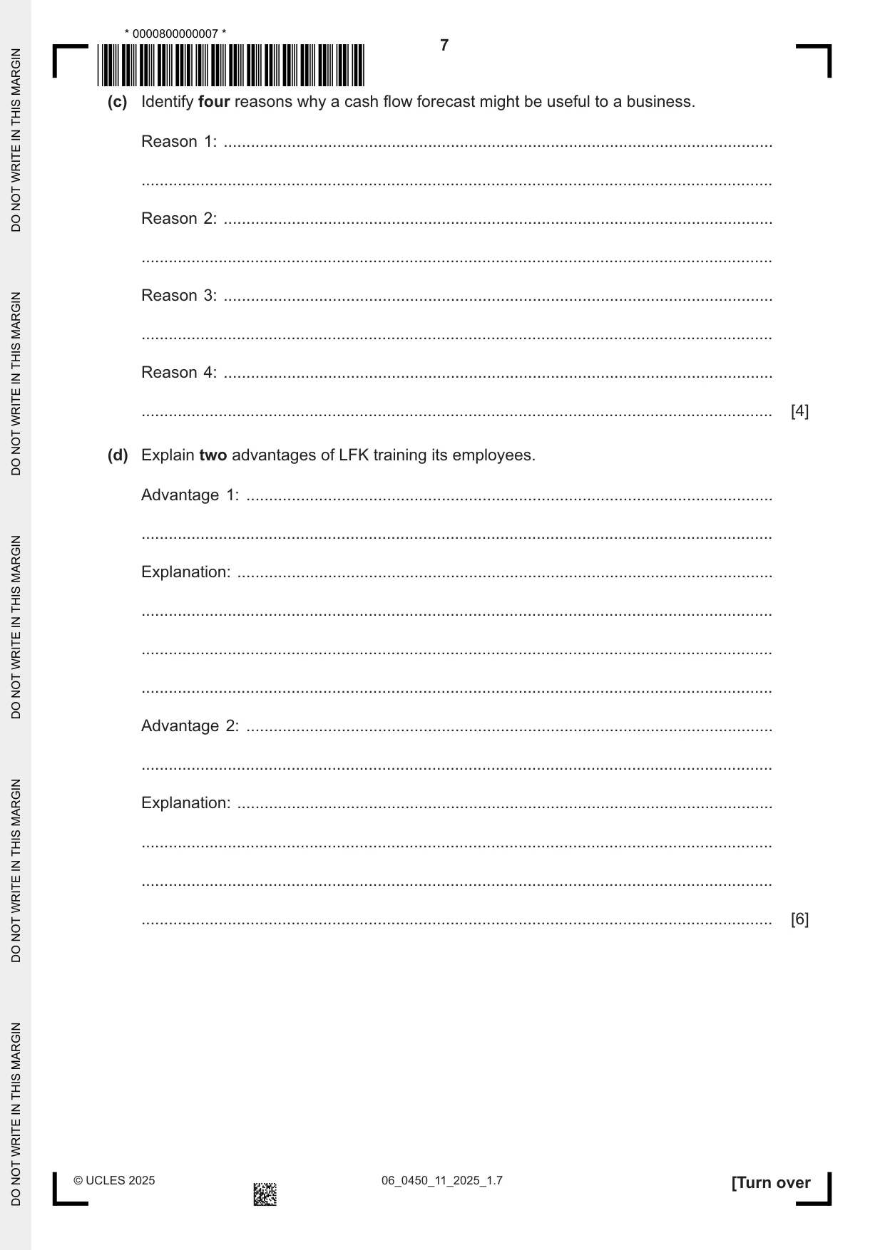 Cambridge IGCSE Business Studies 0450 2025 May/June Paper 1 · Variant 1 question paper, page 7 of 12