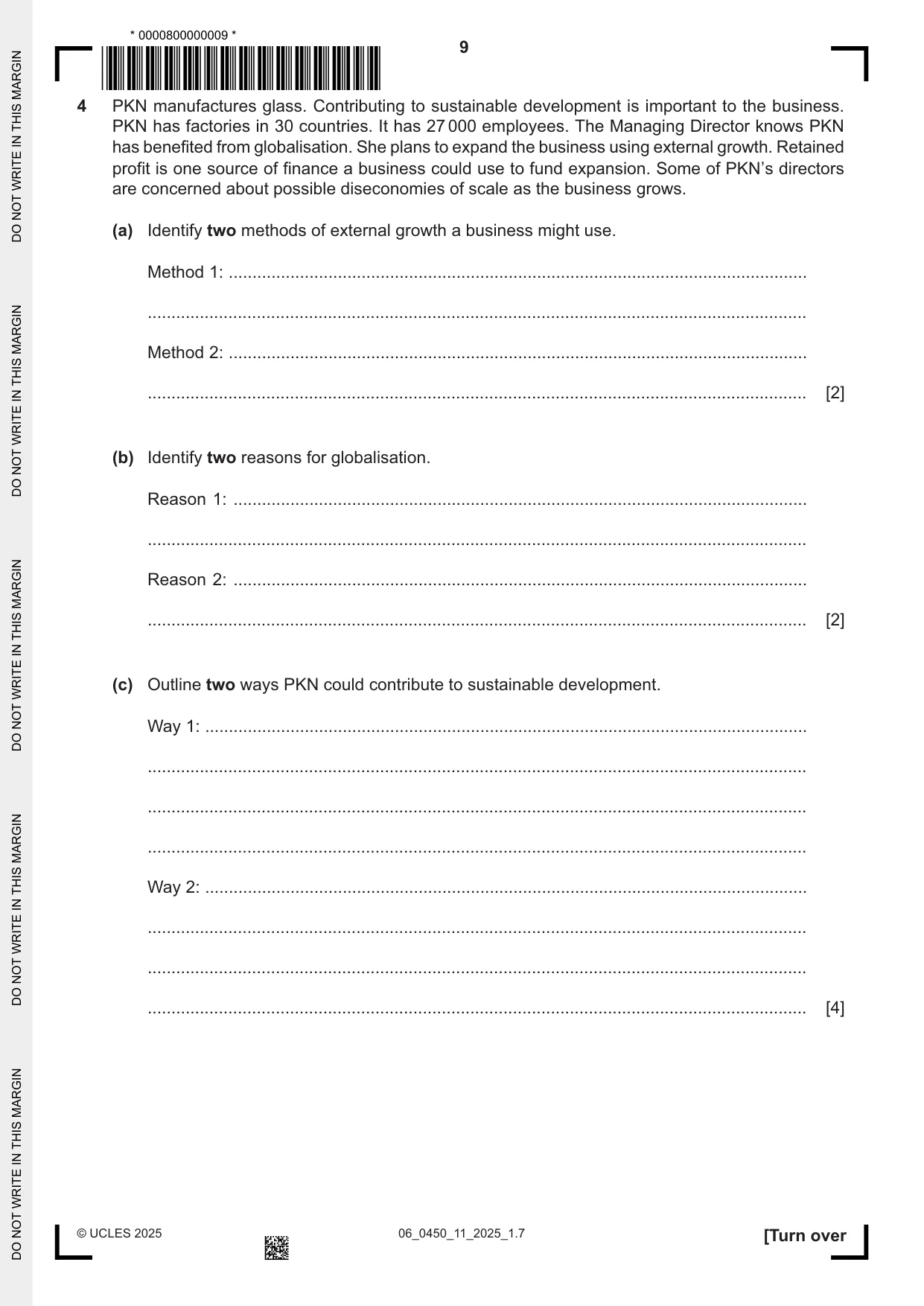 Cambridge IGCSE Business Studies 0450 2025 May/June Paper 1 · Variant 1 question paper, page 9 of 12