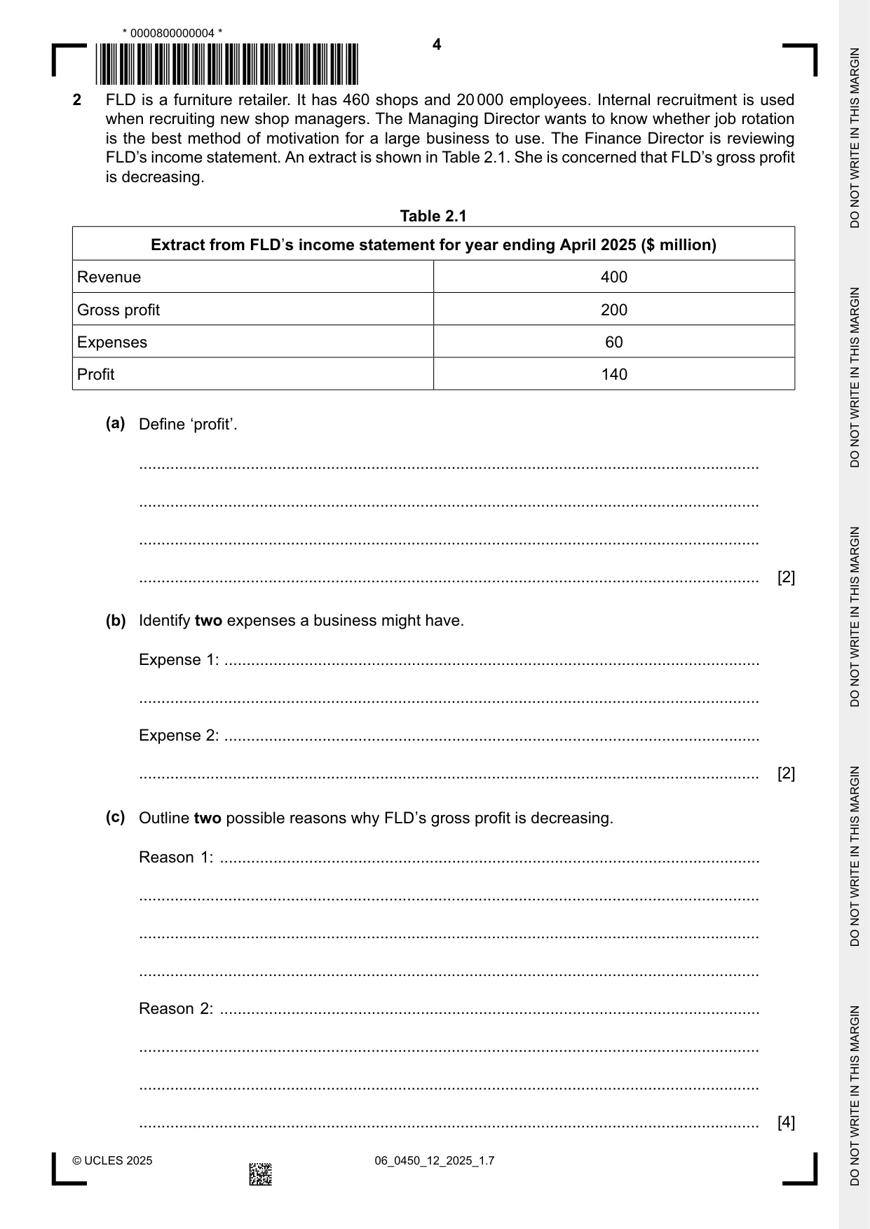 Cambridge IGCSE Business Studies 0450 2025 May/June Paper 1 · Variant 2 question paper, page 4 of 12