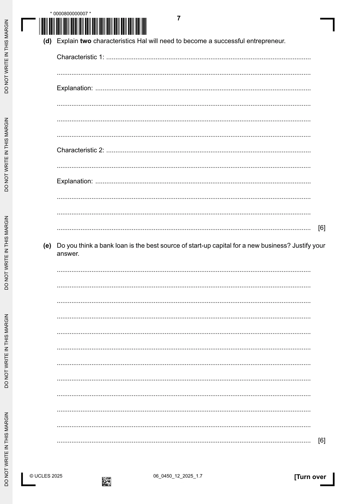 Cambridge IGCSE Business Studies 0450 2025 May/June Paper 1 · Variant 2 question paper, page 7 of 12
