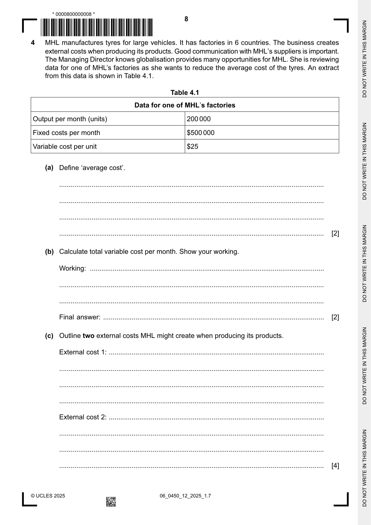 Cambridge IGCSE Business Studies 0450 2025 May/June Paper 1 · Variant 2 question paper, page 8 of 12