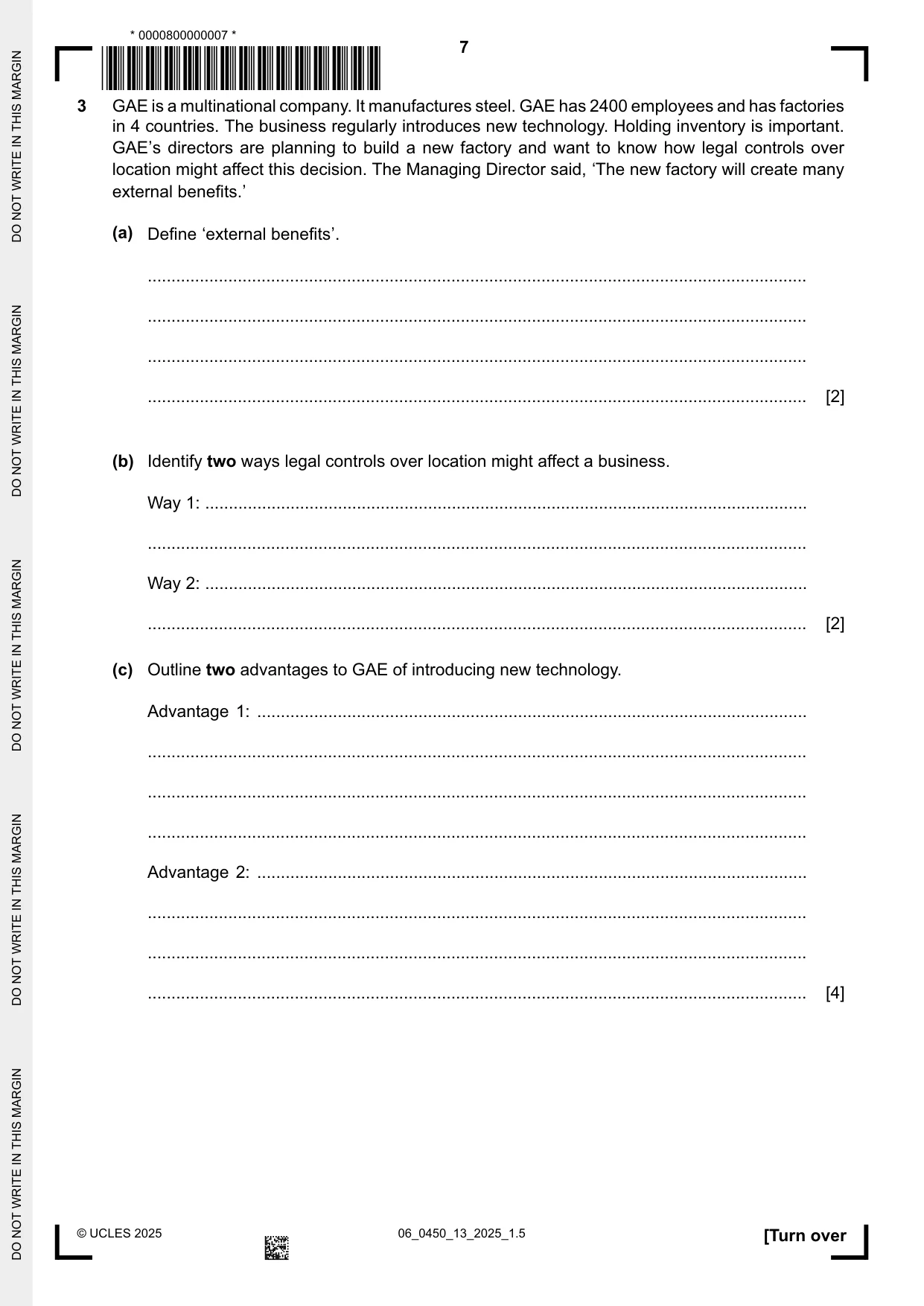 Cambridge IGCSE Business Studies 0450 2025 May/June Paper 1 · Variant 3 question paper, page 7 of 12