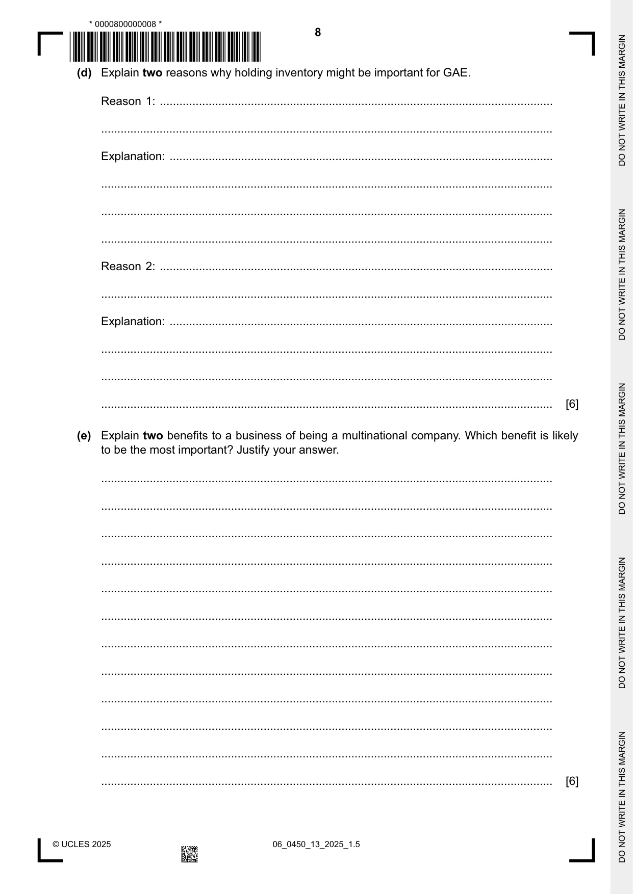 Cambridge IGCSE Business Studies 0450 2025 May/June Paper 1 · Variant 3 question paper, page 8 of 12