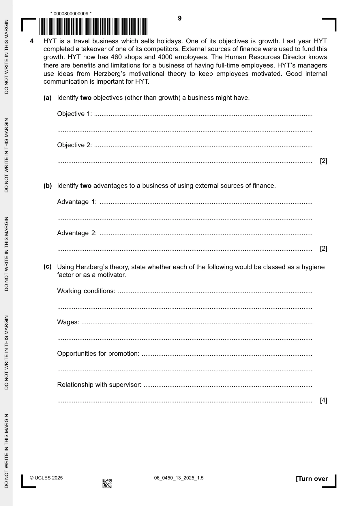 Cambridge IGCSE Business Studies 0450 2025 May/June Paper 1 · Variant 3 question paper, page 9 of 12