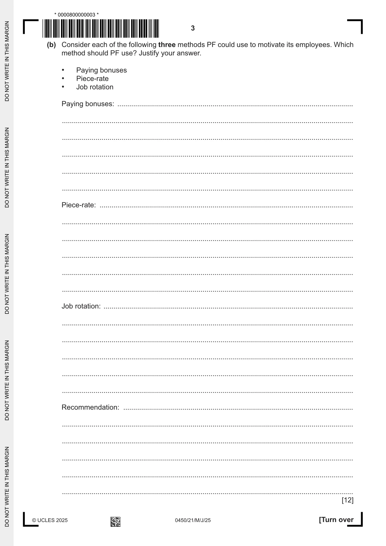 Cambridge IGCSE Business Studies 0450 2025 May/June Paper 2 · Variant 1 question paper, page 3 of 12
