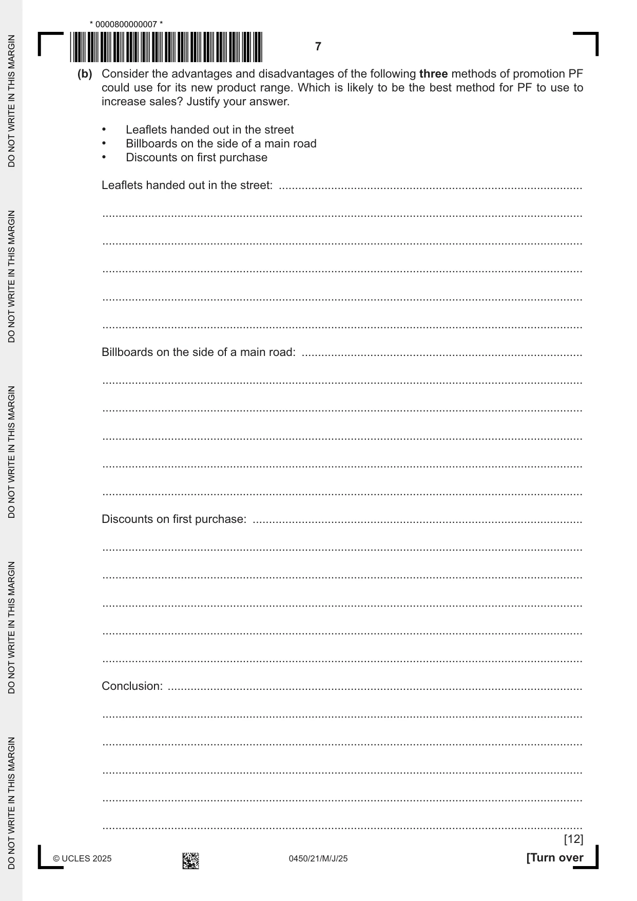 Cambridge IGCSE Business Studies 0450 2025 May/June Paper 2 · Variant 1 question paper, page 7 of 12