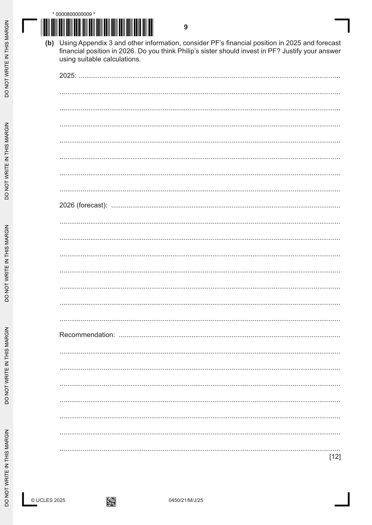 Cambridge IGCSE Business Studies 0450 2025 May/June Paper 2 · Variant 1 question paper, page 9 of 12