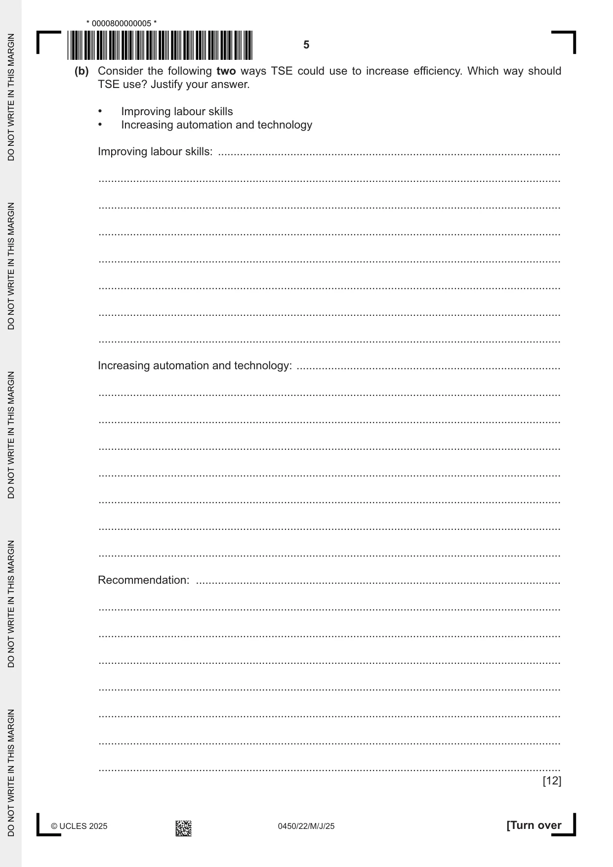 Cambridge IGCSE Business Studies 0450 2025 May/June Paper 2 · Variant 2 question paper, page 5 of 12